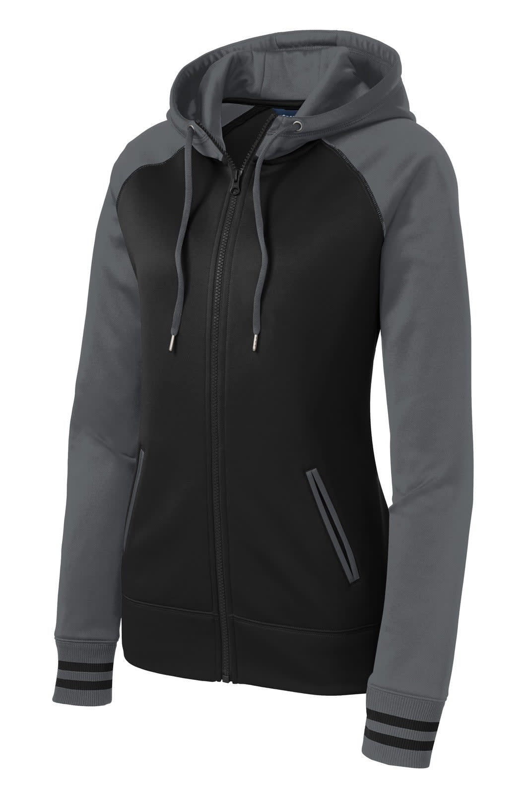 A ladies' full-zip hooded jacket in black with grey sleeves and a fitted design, featuring a logo.