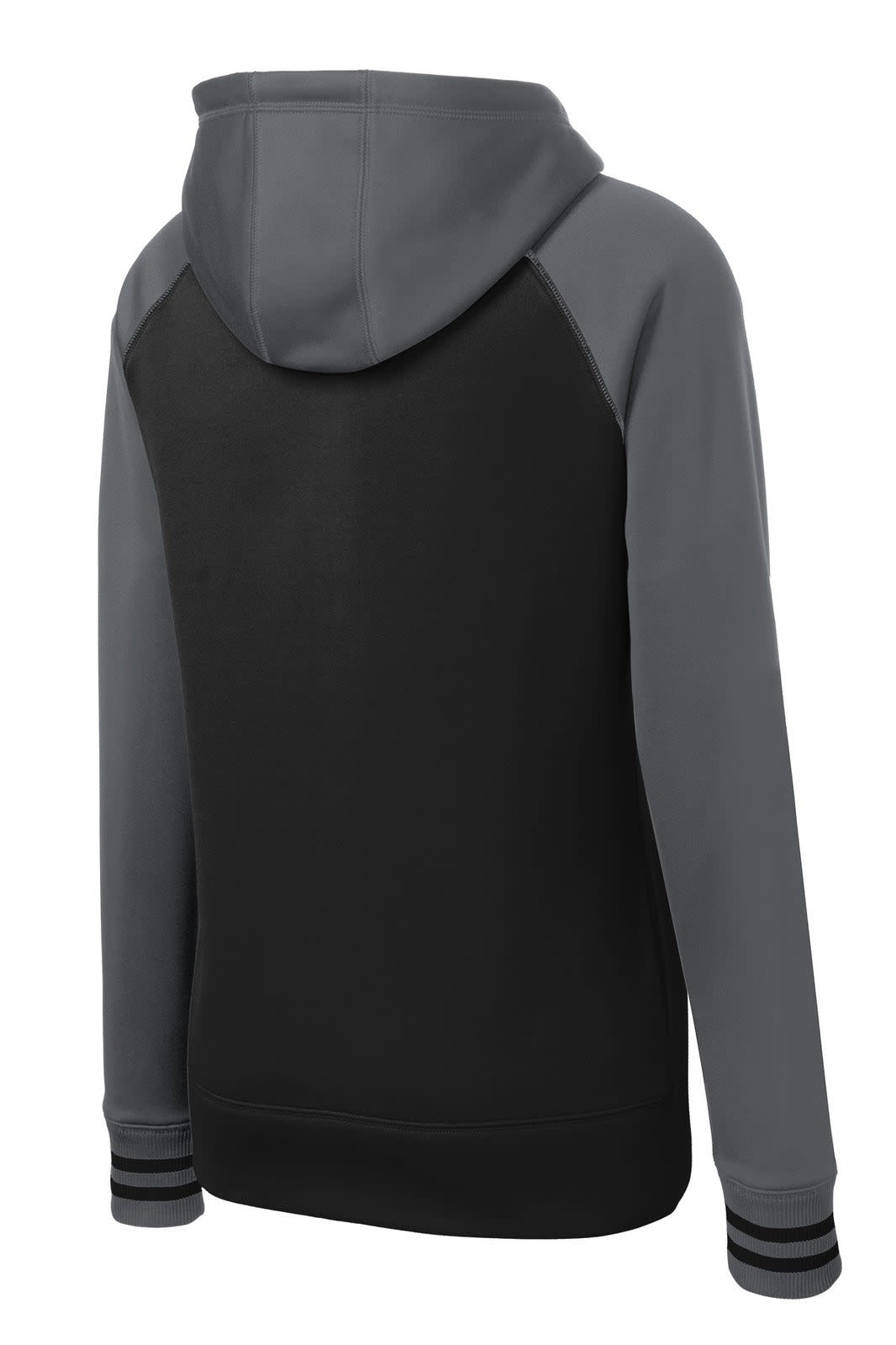 A ladies' full-zip hooded jacket in grey and black, featuring a logo and sporty design.