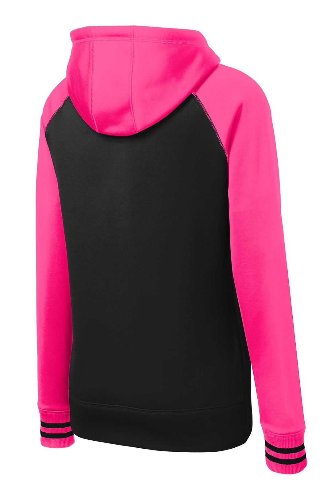 A black and pink varsity fleece full-zip hooded jacket with long sleeves and a hood, featuring a logo.