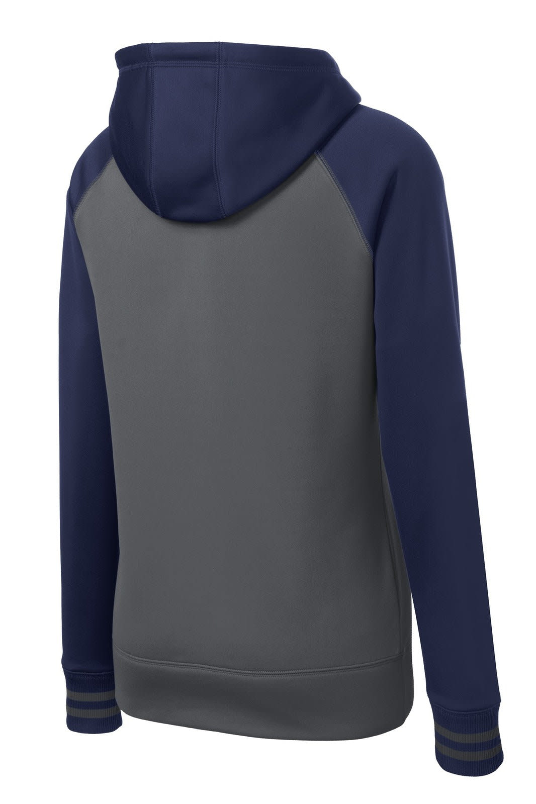 A grey and navy hooded varsity jacket featuring raglan sleeves and a full zip design, with a logo on the back.