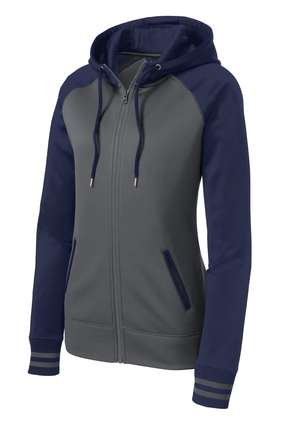 A grey and navy full-zip hooded jacket with a logo, featuring raglan sleeves and front pockets.