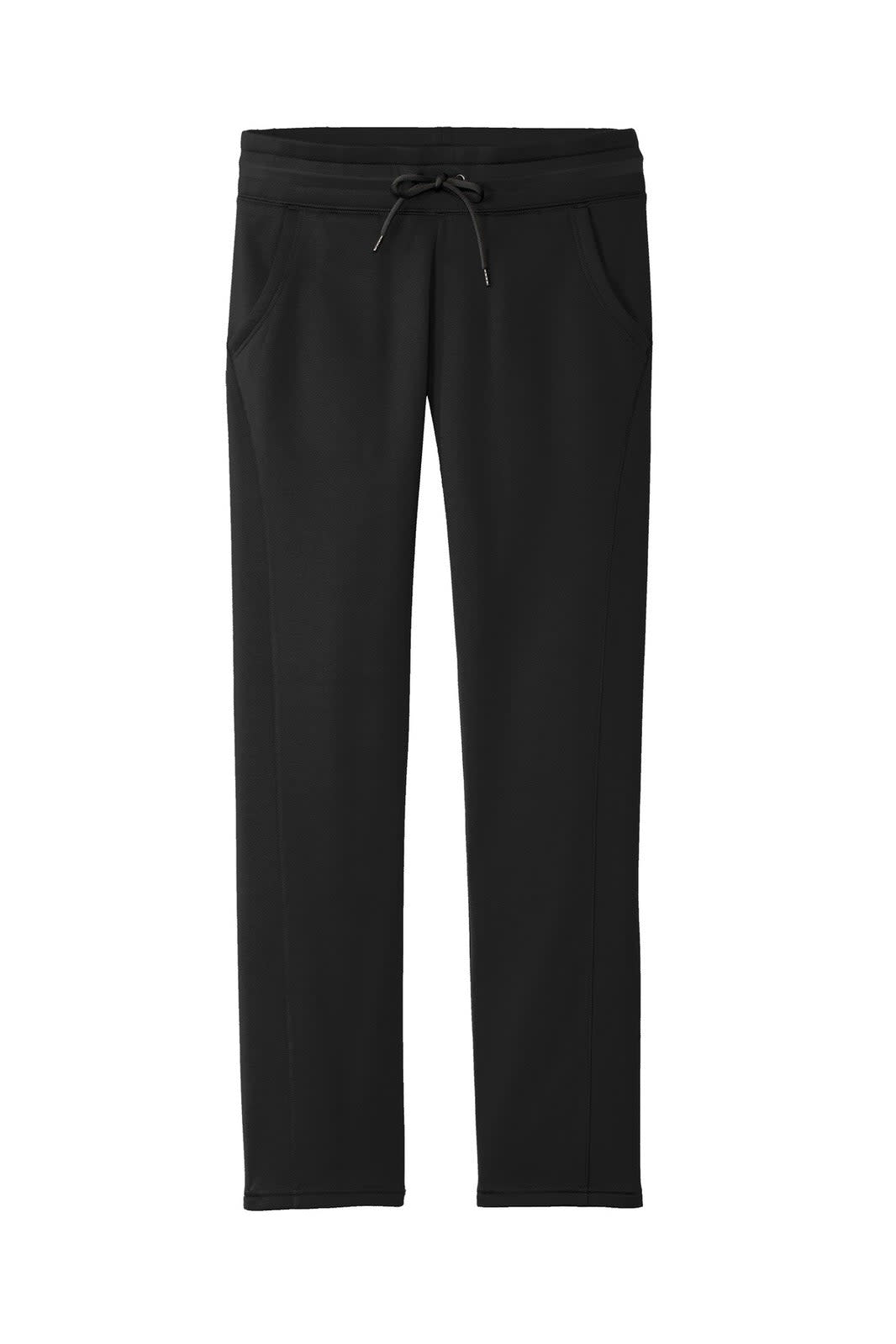 A pair of black Sport-Tek Ladies Sport-Wick fleece pants with a drawstring and pockets. Features a logo.