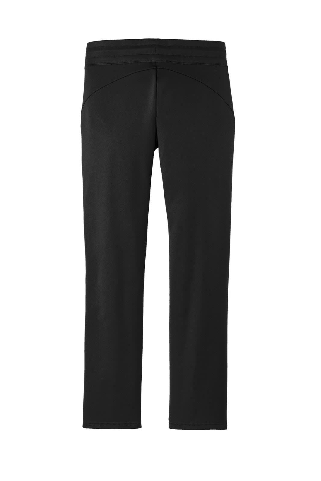 A pair of black athletic track pants with a fitted design and a logo on the back.
