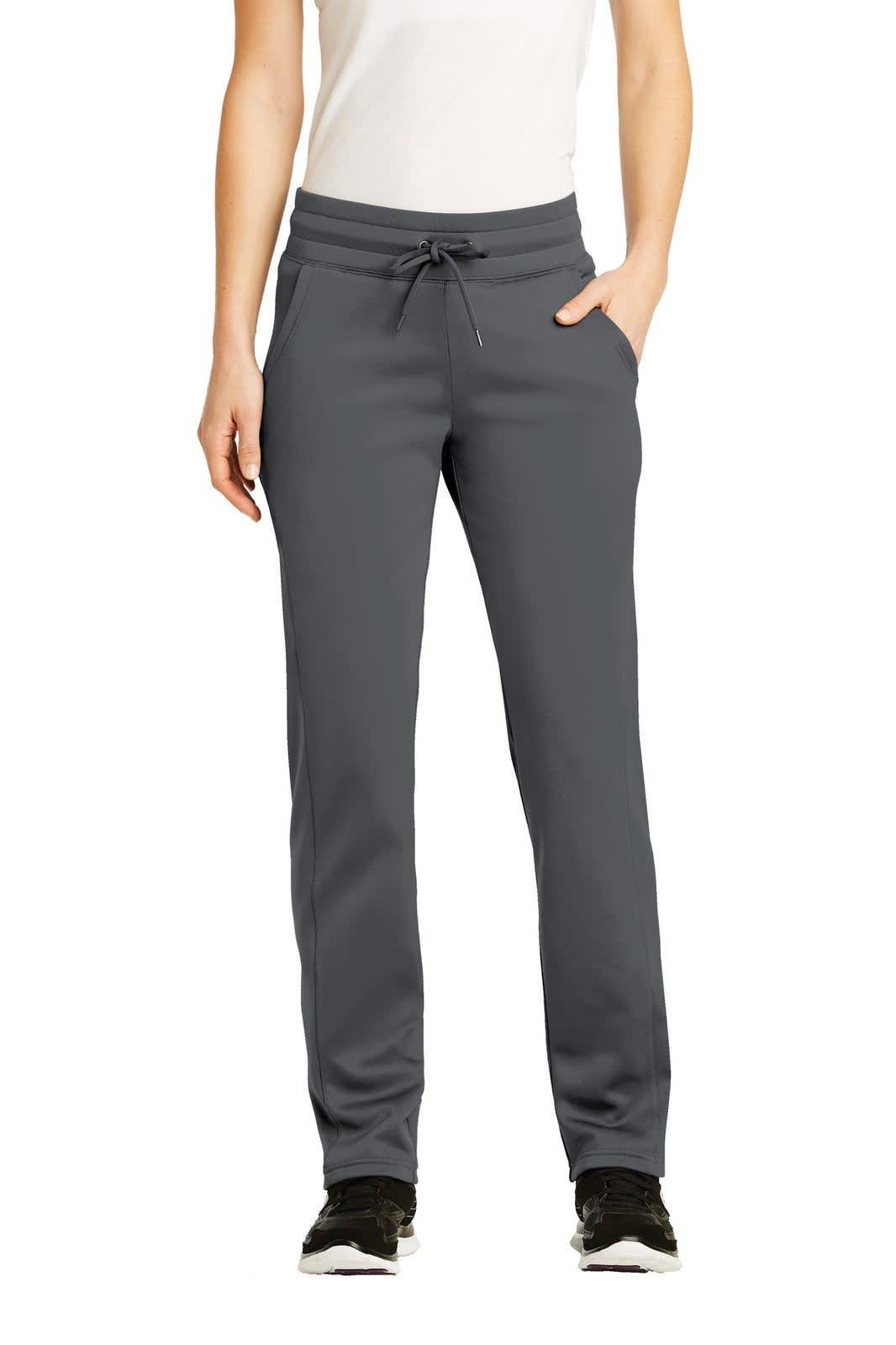 Ladies' track pants in dark grey with a drawstring waist and pockets, featuring a logo on the side.