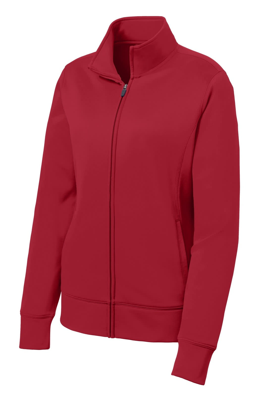 A red Sport-Tek Ladies Sport-Wick Fleece Full-Zip Jacket with a collar and long sleeves, featuring a zip front and logo.