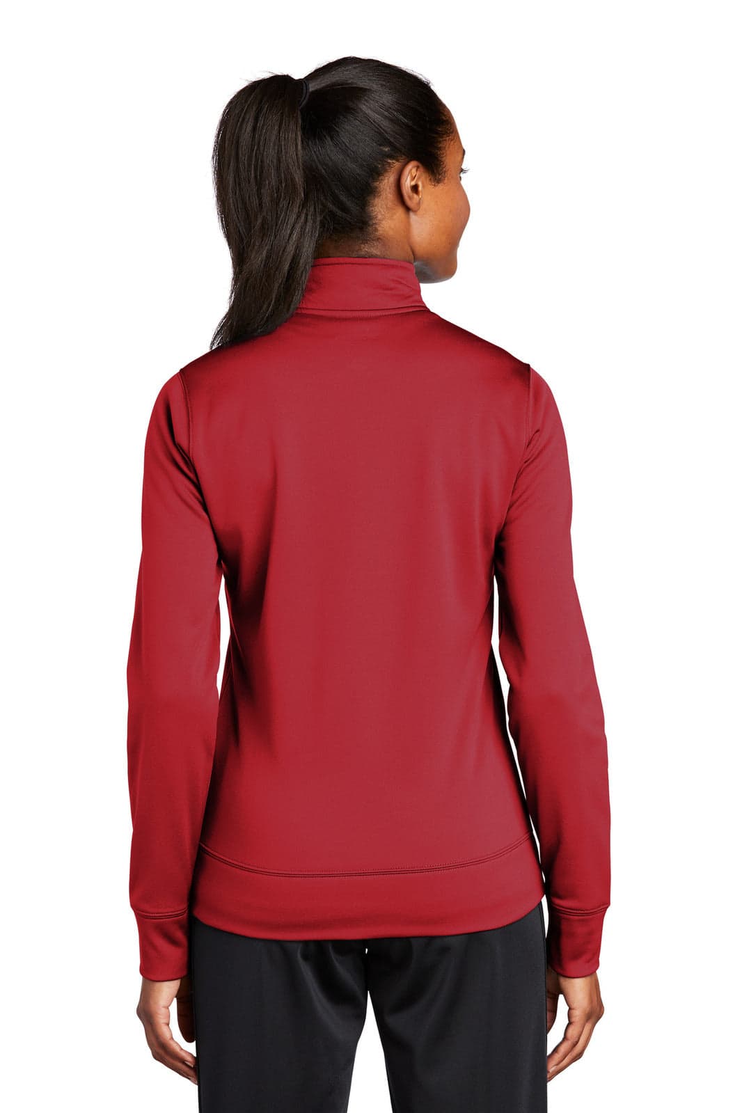 A red Sport-Tek Ladies Sport-Wick Fleece Full-Zip Jacket with a high collar and long sleeves. Features a logo.