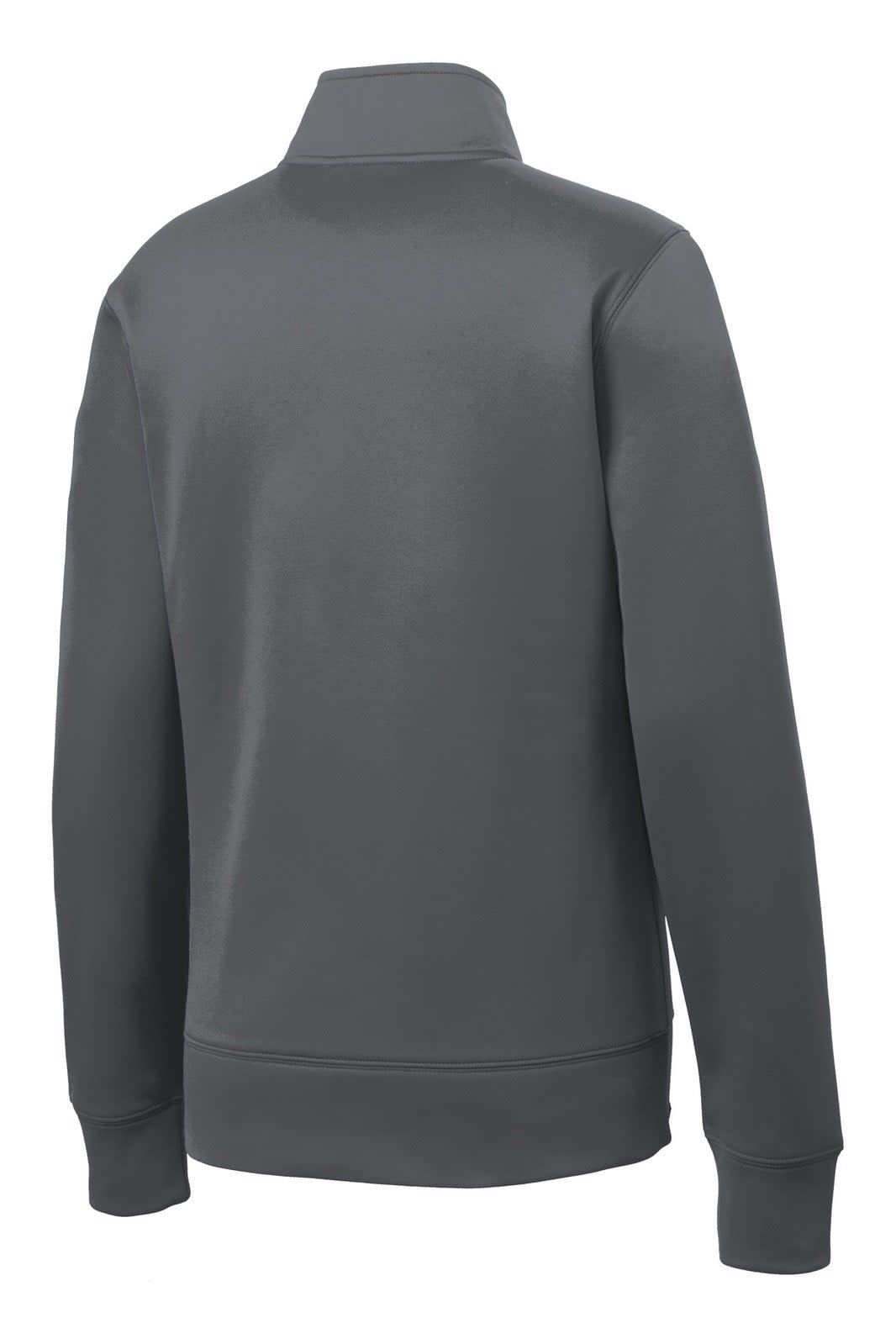 A grey Sport-Tek ladies' Sport-Wick fleece full-zip jacket with a stand-up collar and long sleeves, featuring a logo.