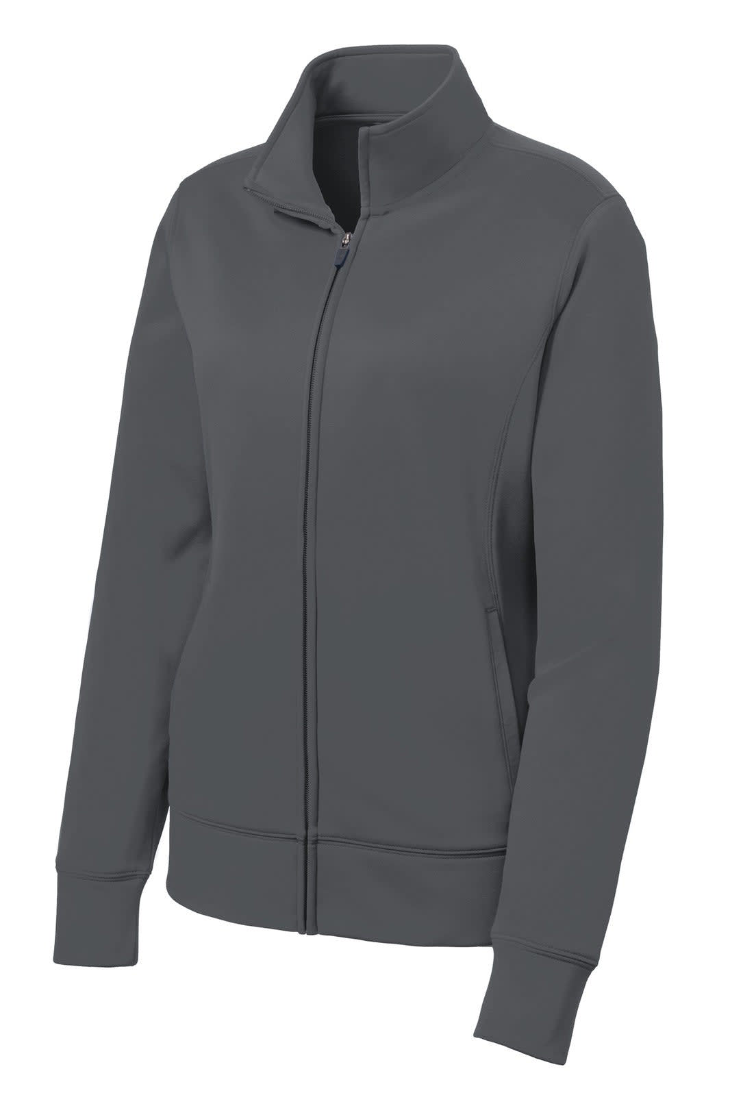 A full-zip jacket in dark grey with a collar and side pockets, featuring a logo.