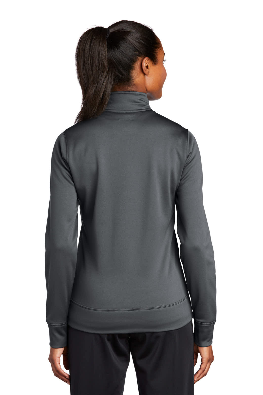 A grey full-zip fleece jacket for women, featuring a high collar and fitted sleeves, with a logo on the back.