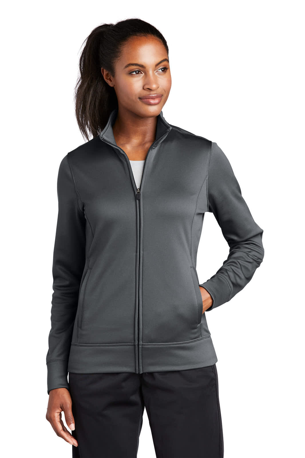 A full-zip fleece jacket for ladies in dark grey, featuring a collar and side pockets, with a logo on the front.