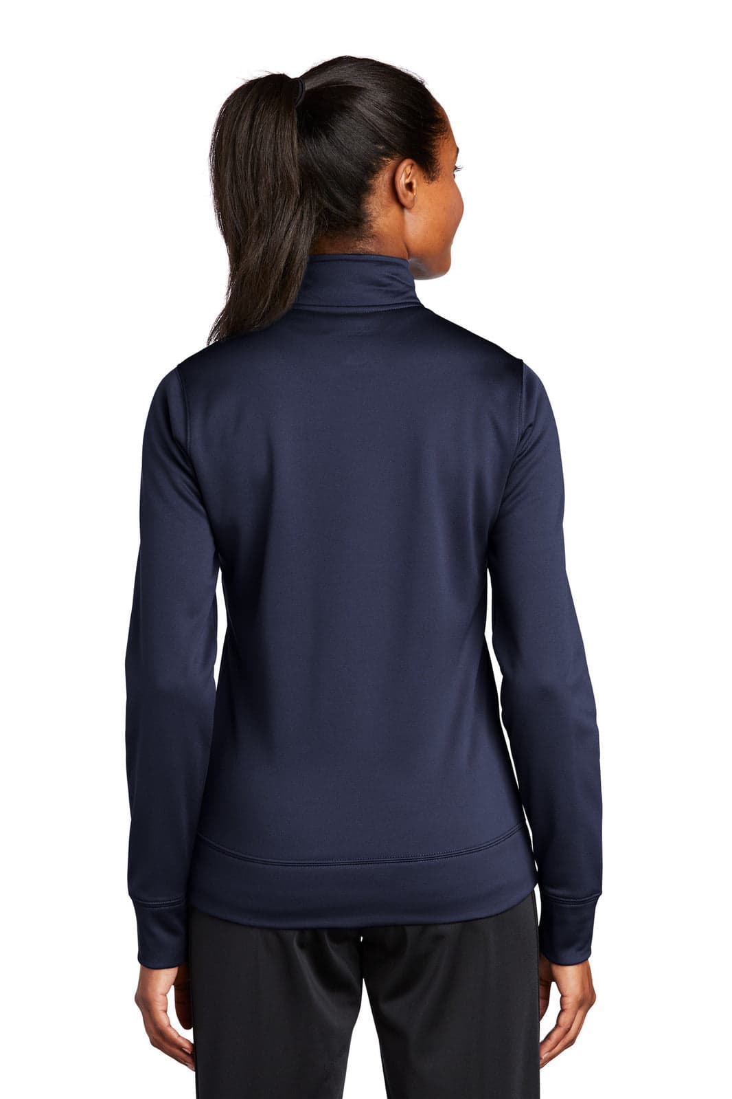 A navy fleece full-zip jacket for ladies, featuring long sleeves and a high collar, with a logo on the back.