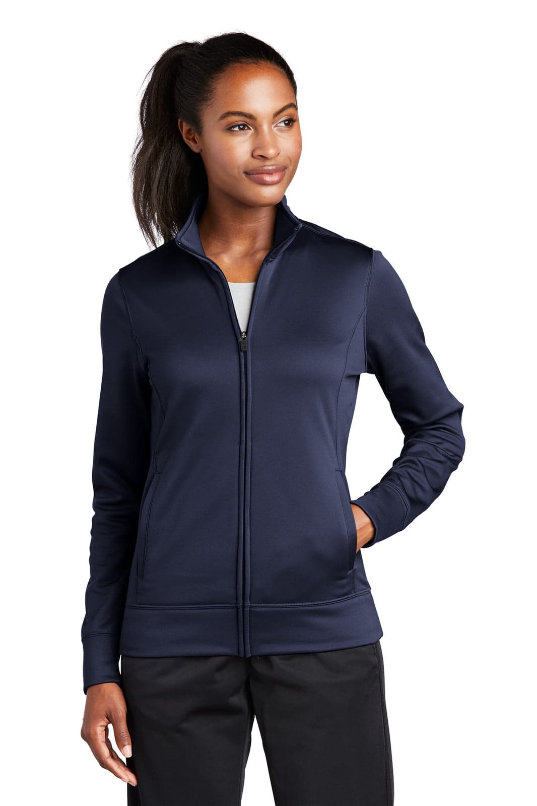 A full-zip jacket in navy blue, featuring long sleeves and a subtle logo. Suitable for women.