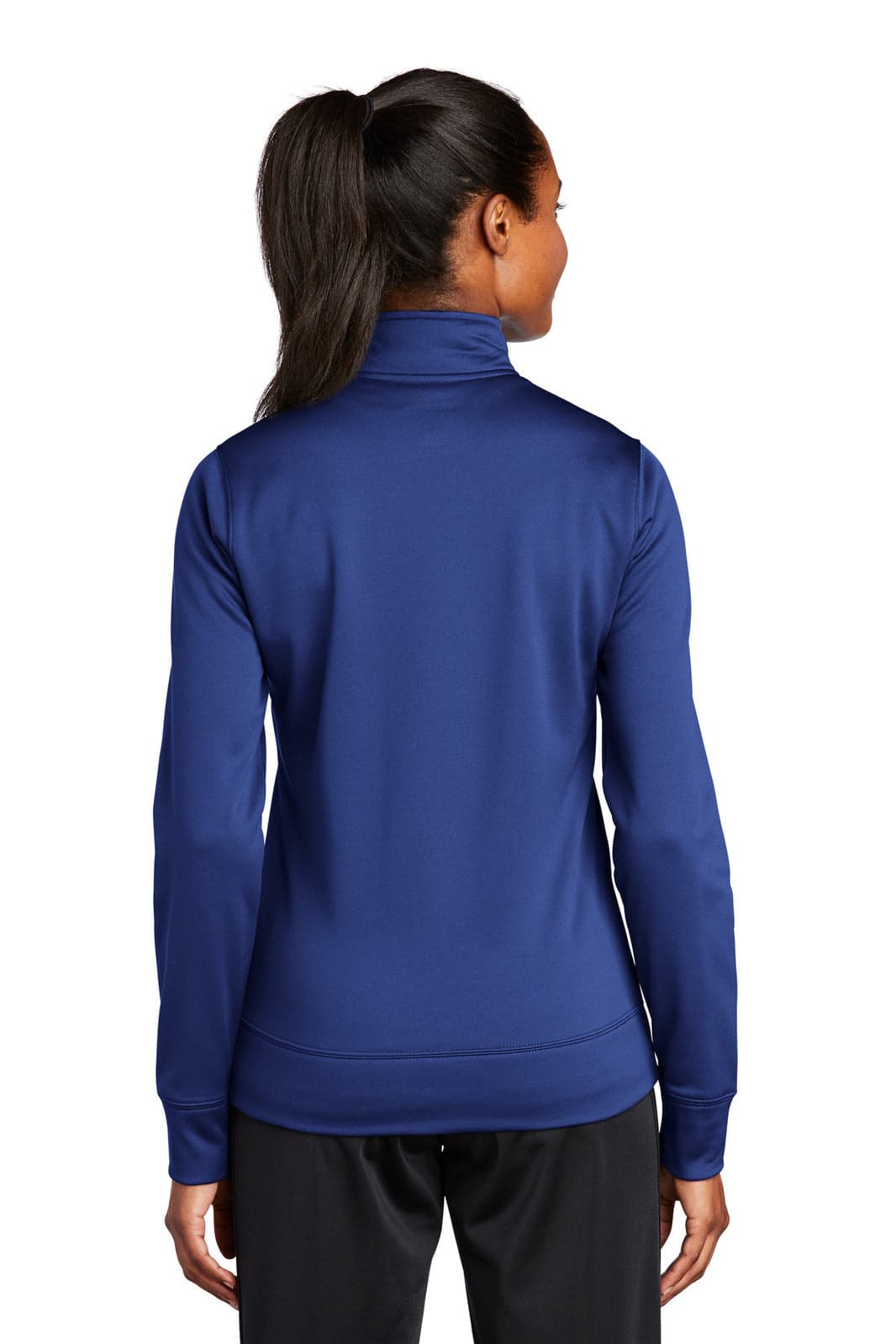 A navy blue Sport-Tek Ladies Sport-Wick Fleece Full-Zip Jacket featuring a stand-up collar and long sleeves.