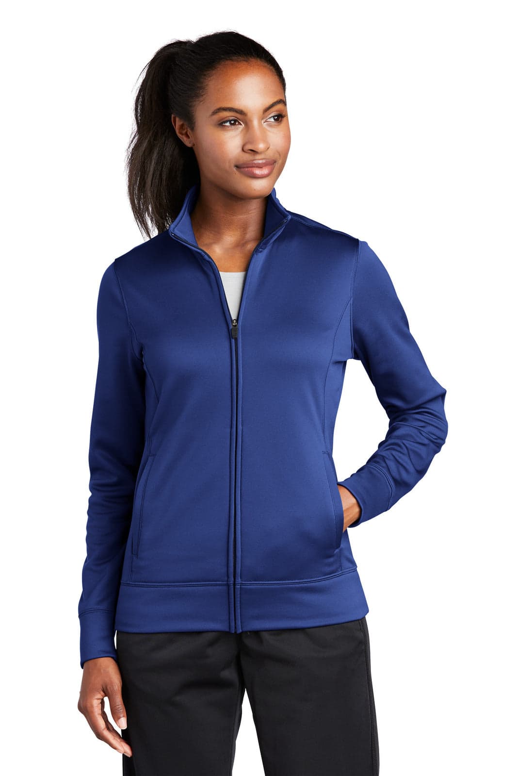 A full-zip jacket in navy blue with a sleek design and a logo on the upper sleeve. Suitable for active wear.