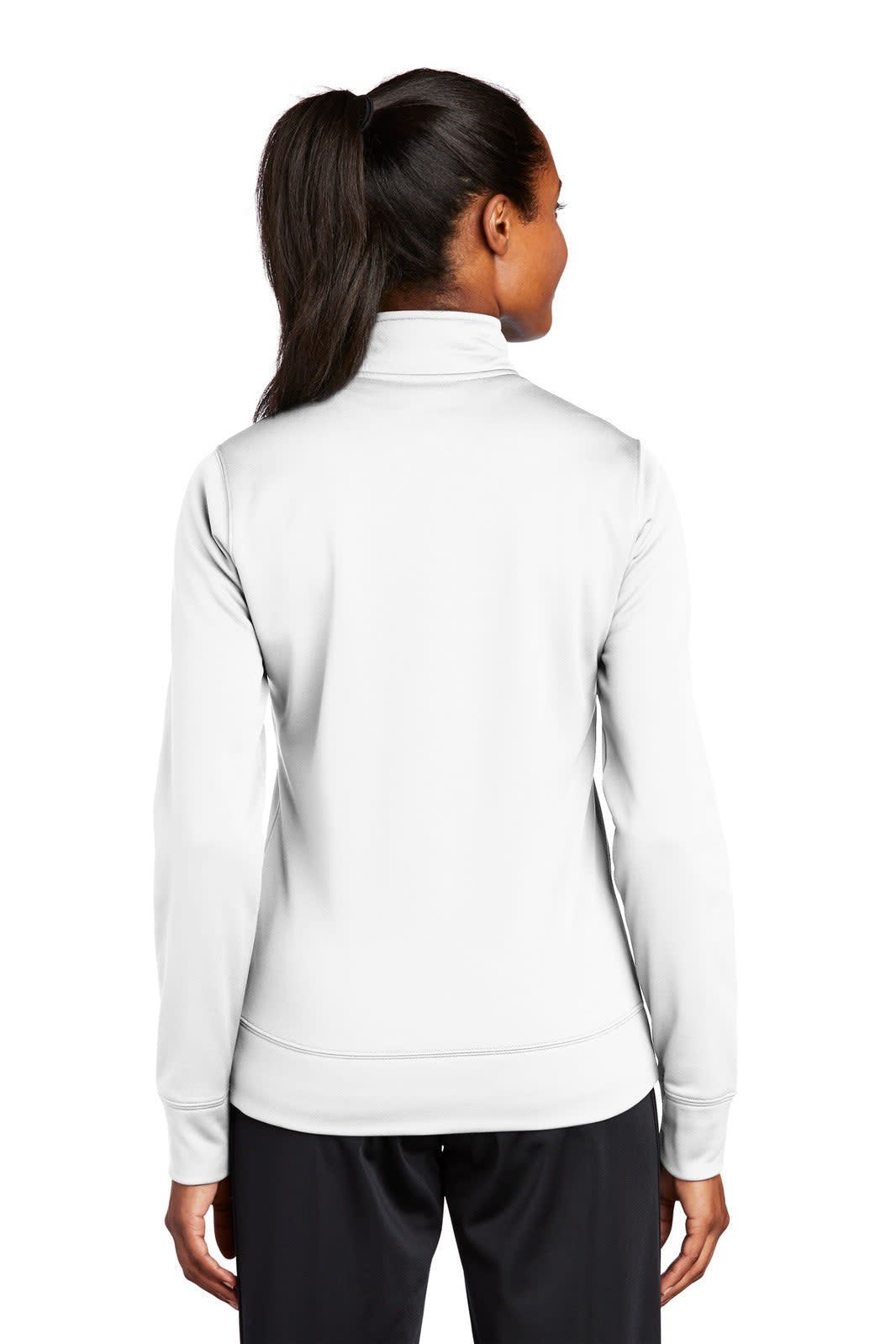 A white Sport-Tek Ladies Sport-Wick Fleece Full-Zip Jacket with a high collar and long sleeves, featuring a logo.