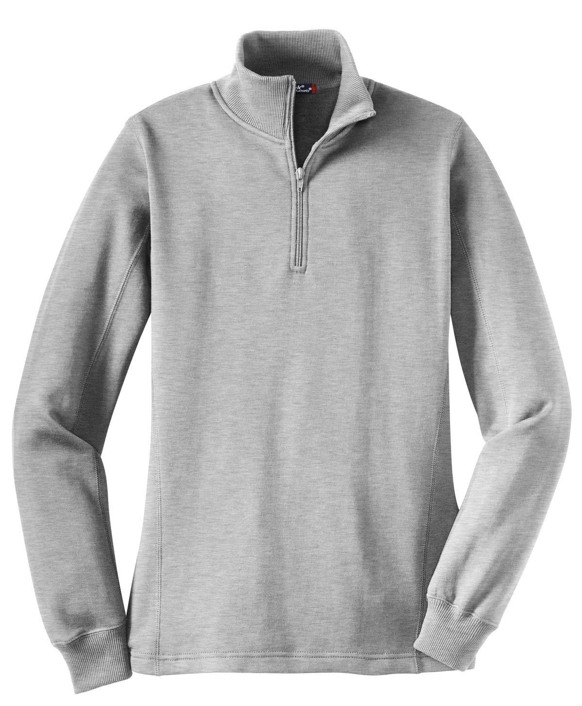 A grey Sport-Tek ladies' 1/4-zip sweatshirt featuring long sleeves and a collar. It includes a small logo.