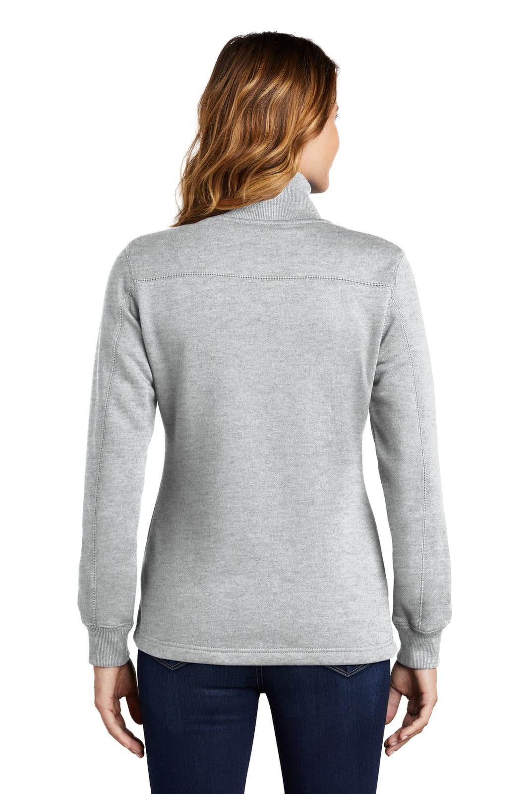 A grey Sport-Tek ladies 1/4-zip sweatshirt displayed from the back, featuring a simple design and long sleeves.
