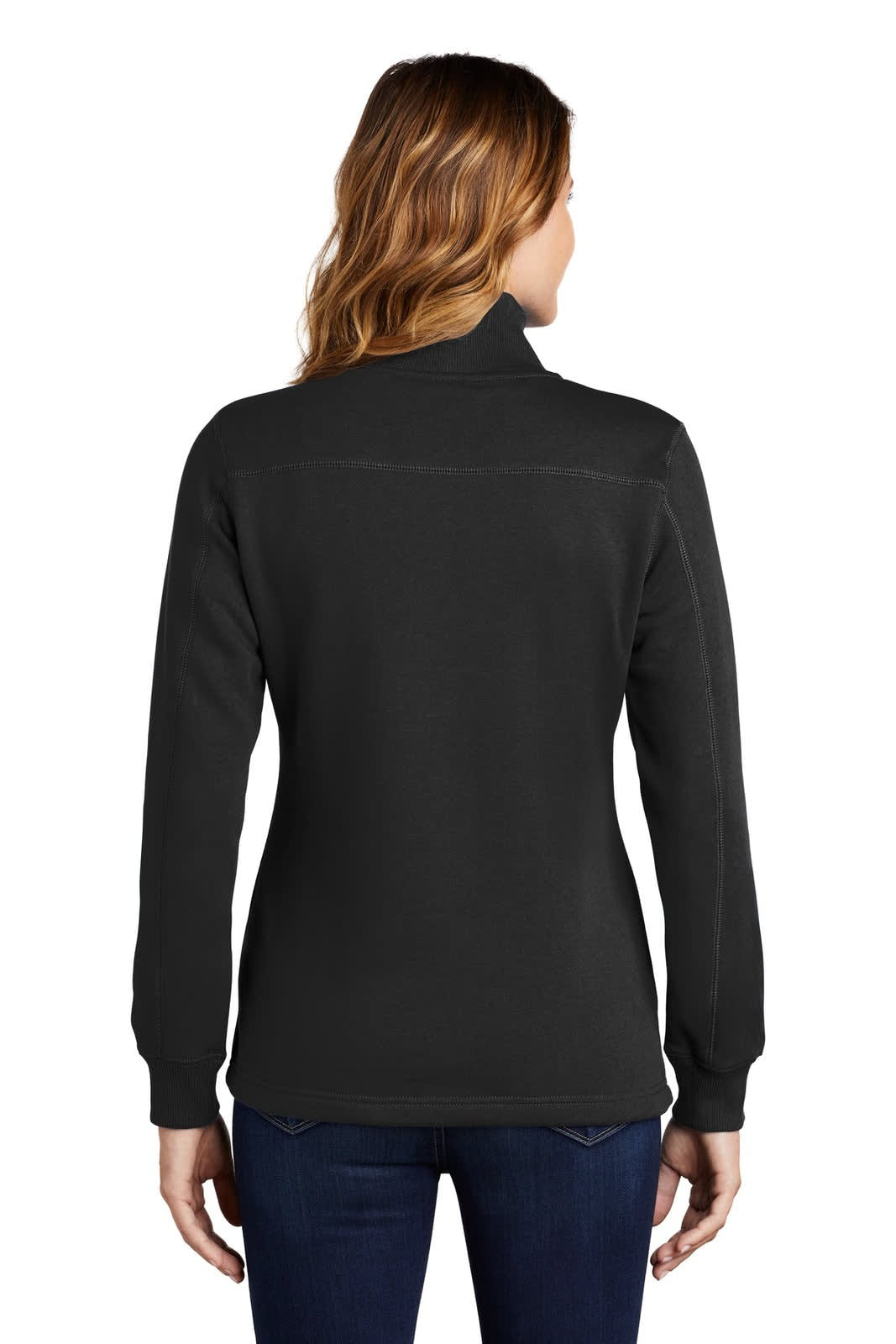 A black Sport-Tek ladies' 1/4-zip sweatshirt with a high collar and long sleeves, featuring a logo.