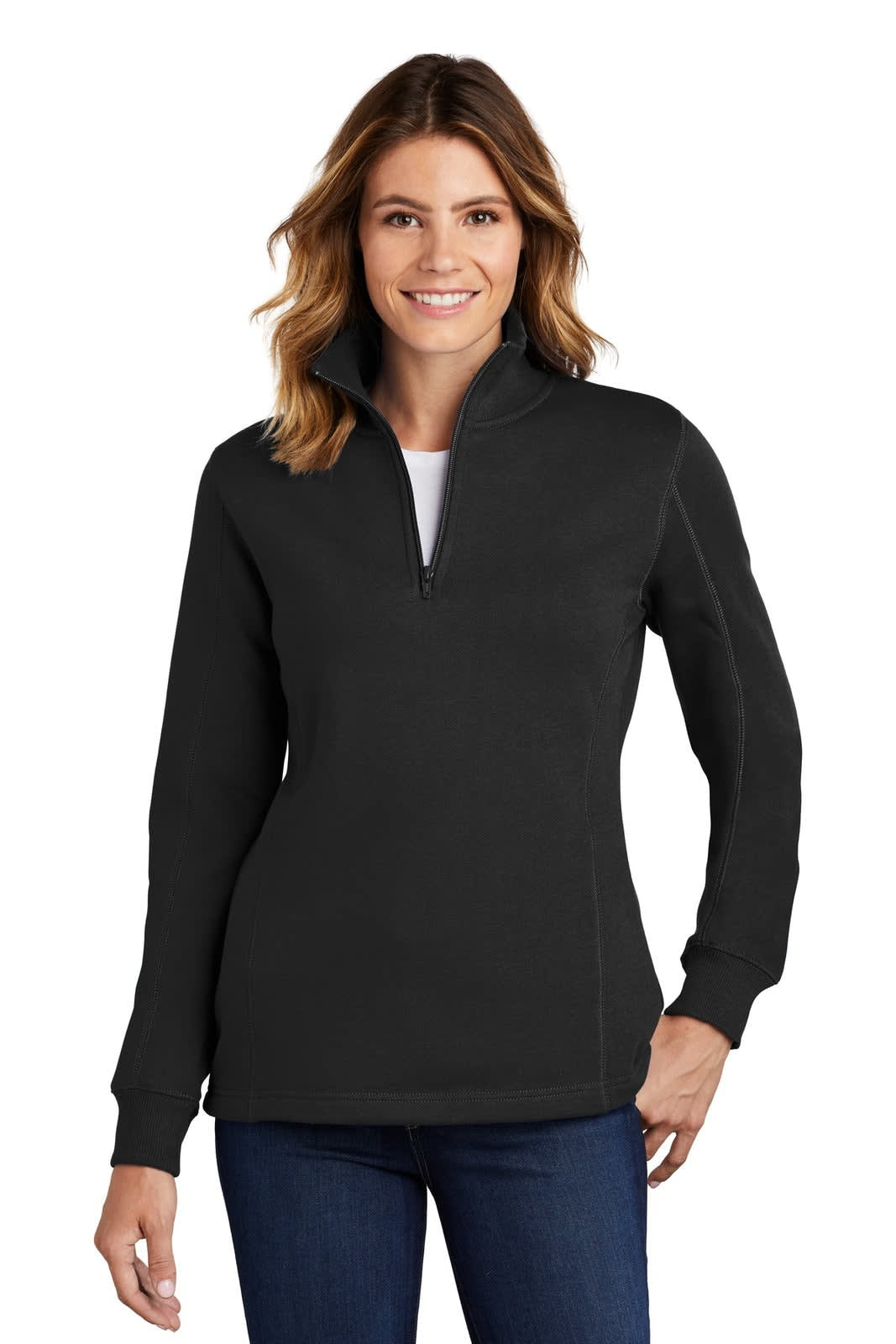 A black Sport-Tek ladies 1/4-zip sweatshirt featuring a zippered neck and long sleeves, along with branding.