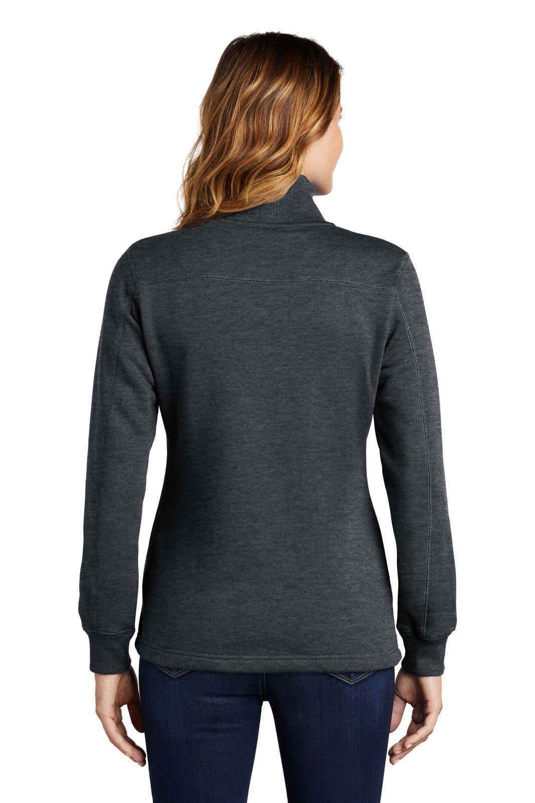 A dark grey 1/4-zip sweatshirt for ladies, featuring a simple design and a rear view. It has a logo on the fabric.
