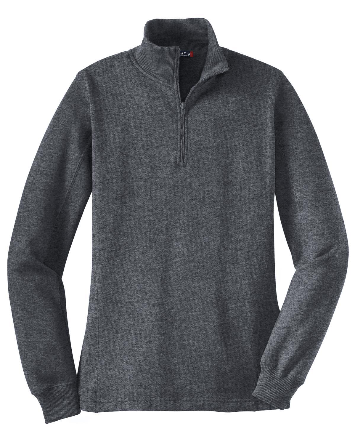 A grey Sport-Tek ladies 1/4-zip sweatshirt with long sleeves and a collar, featuring a logo.