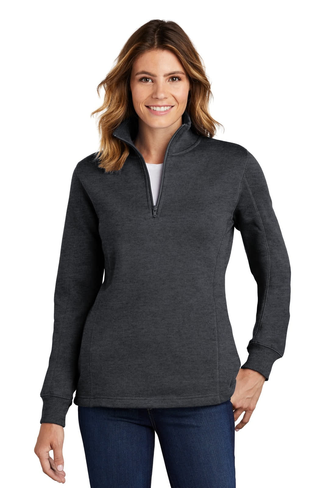 A dark grey ladies' 1/4-zip sweatshirt with long sleeves and a fitted design, featuring a branded logo.