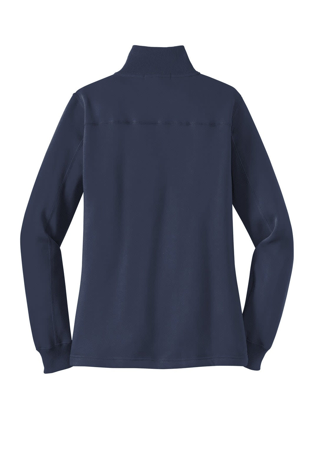 A navy blue Sport-Tek ladies 1/4-zip sweatshirt featuring a high collar and long sleeves. It has a logo on the back.