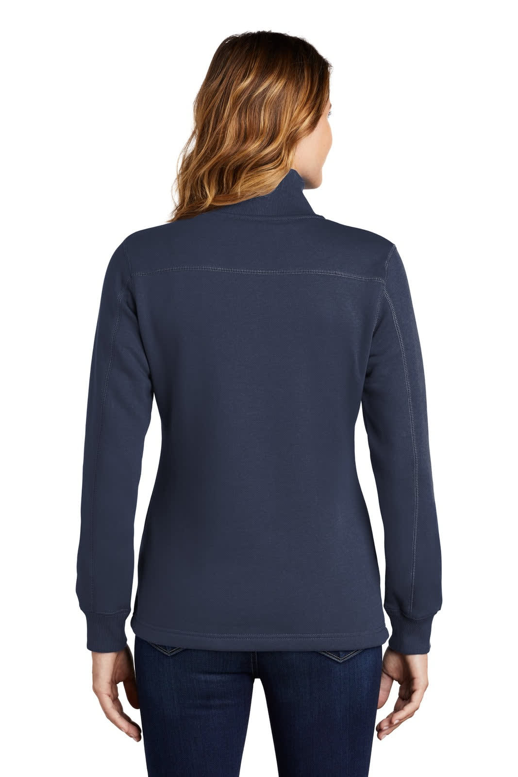 A navy blue Sport-Tek ladies 1/4-zip sweatshirt featuring a high collar and long sleeves, with a logo on the back.