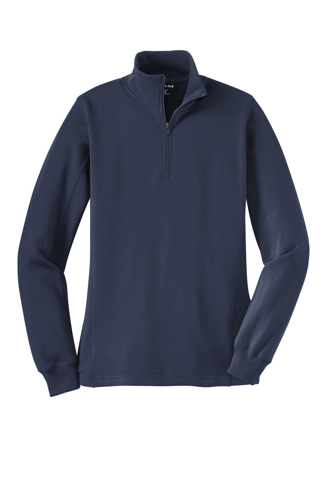 A navy blue Sport-Tek ladies 1/4-zip sweatshirt with long sleeves and a collar, featuring a logo.