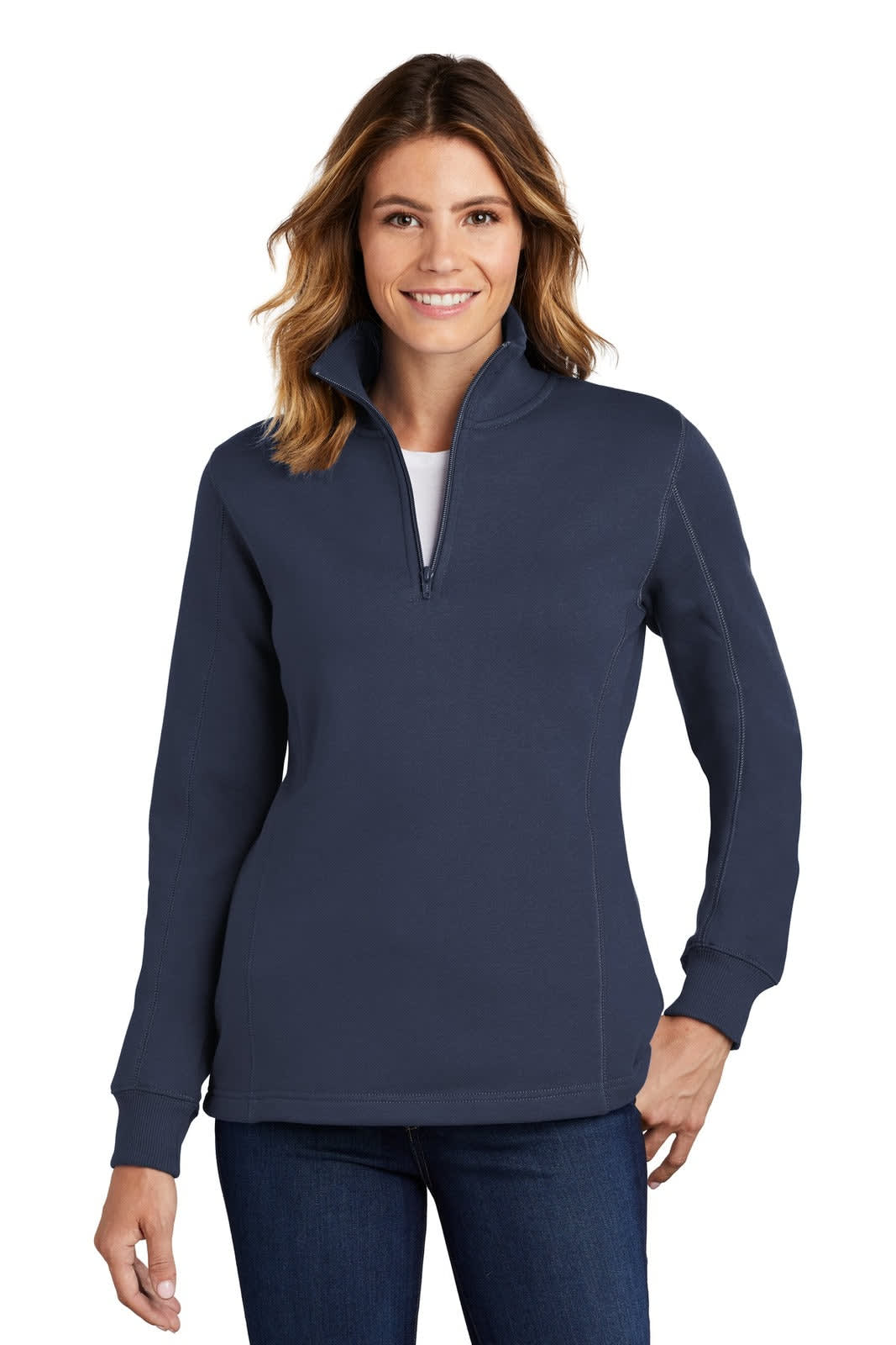 A navy blue ladies' 1/4-zip sweatshirt features a collar and long sleeves, with a logo on the front.