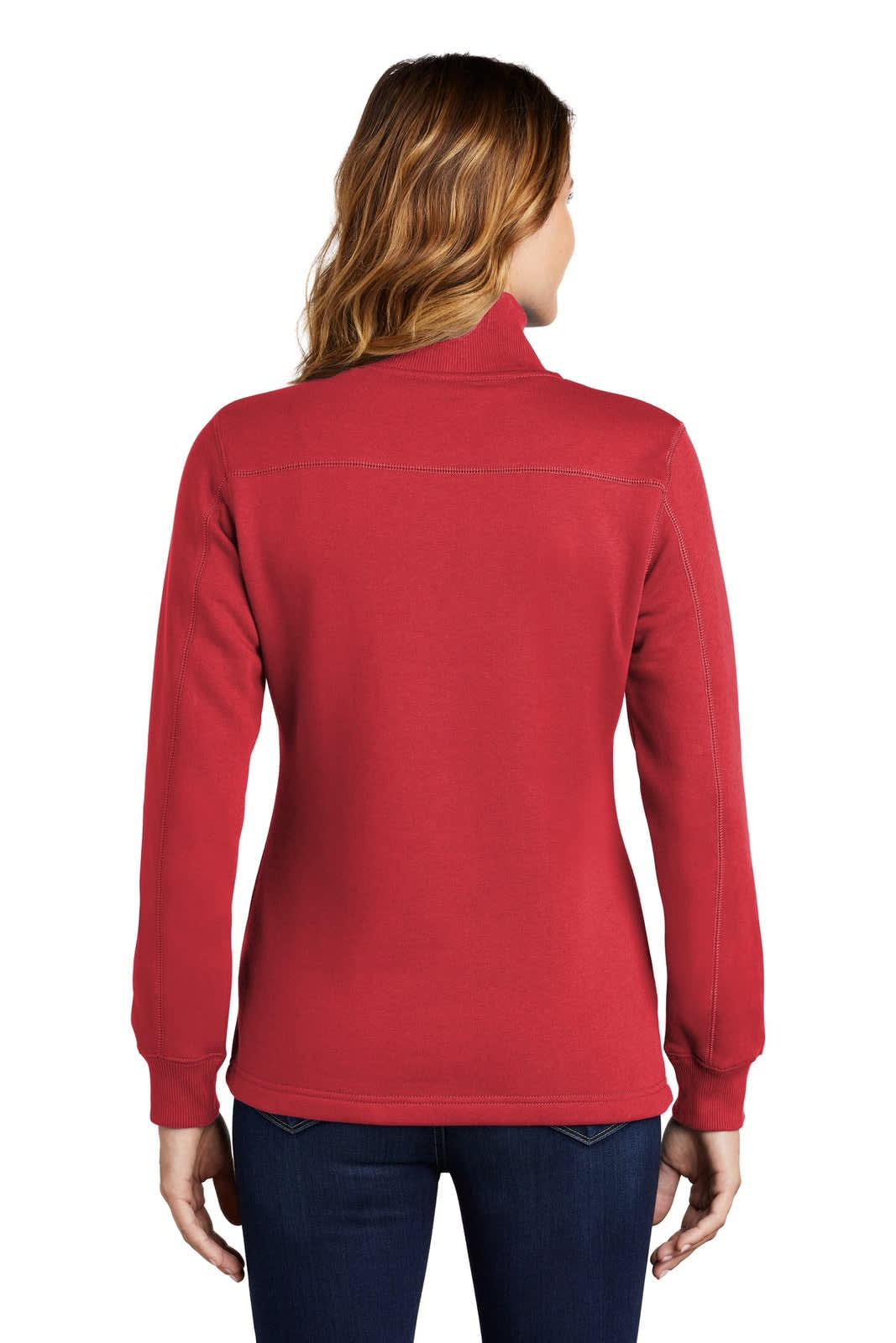 A red Sport-Tek ladies 1/4-zip sweatshirt displayed from the back. Features long sleeves and a logo.