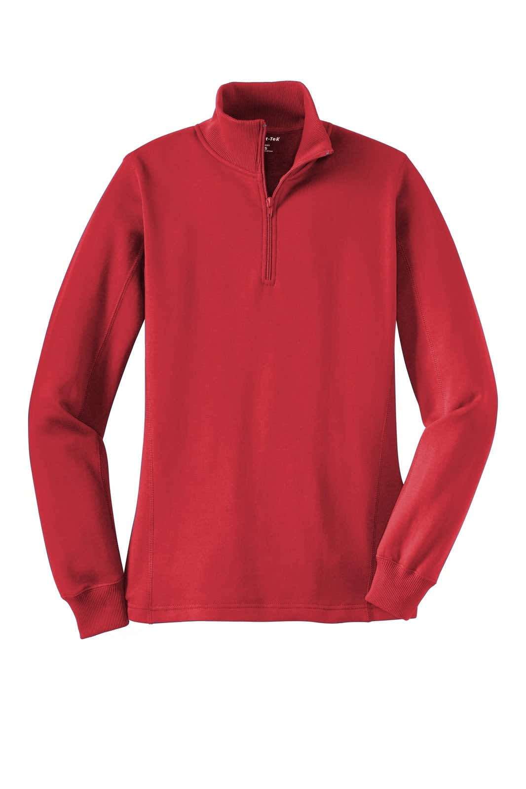 A red Sport-Tek ladies 1/4-zip sweatshirt with long sleeves and a collar. It features a logo on the front.