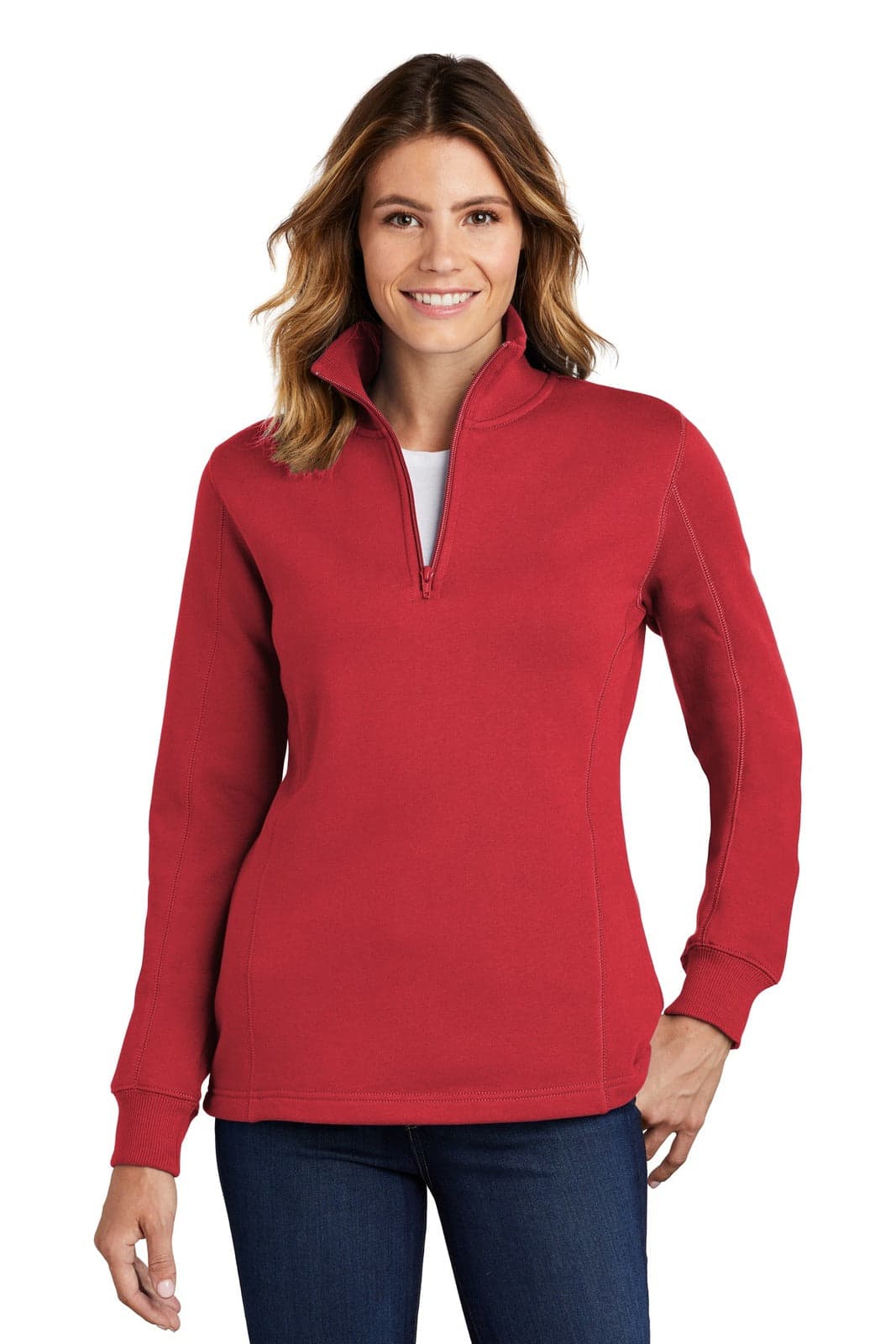 A red Sport-Tek ladies' 1/4-zip sweatshirt with a collar, fitted sleeves, and a logo.