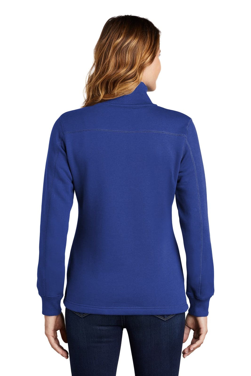 A blue Sport-Tek Ladies 1/4-Zip Sweatshirt with long sleeves and a high collar, featuring a logo.