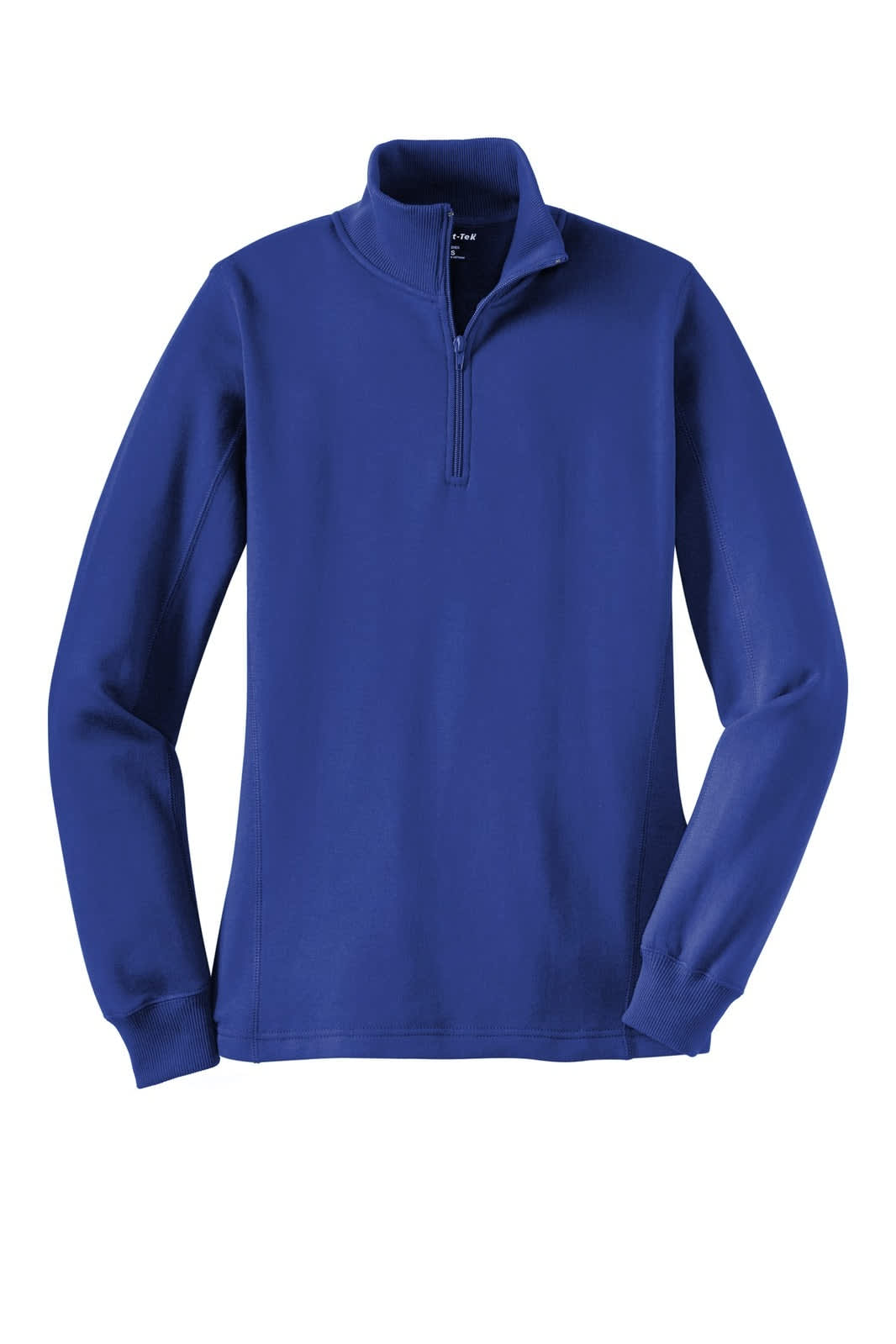 A royal blue Sport-Tek ladies 1/4-zip sweatshirt with long sleeves and a collar, featuring a logo.