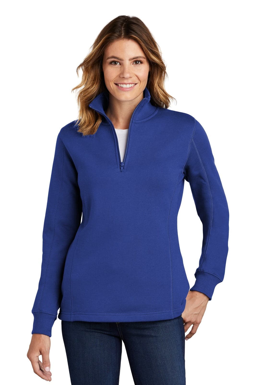 A blue Sport-Tek ladies 1/4-zip sweatshirt featuring a high collar and long sleeves. The model is smiling while wearing it.