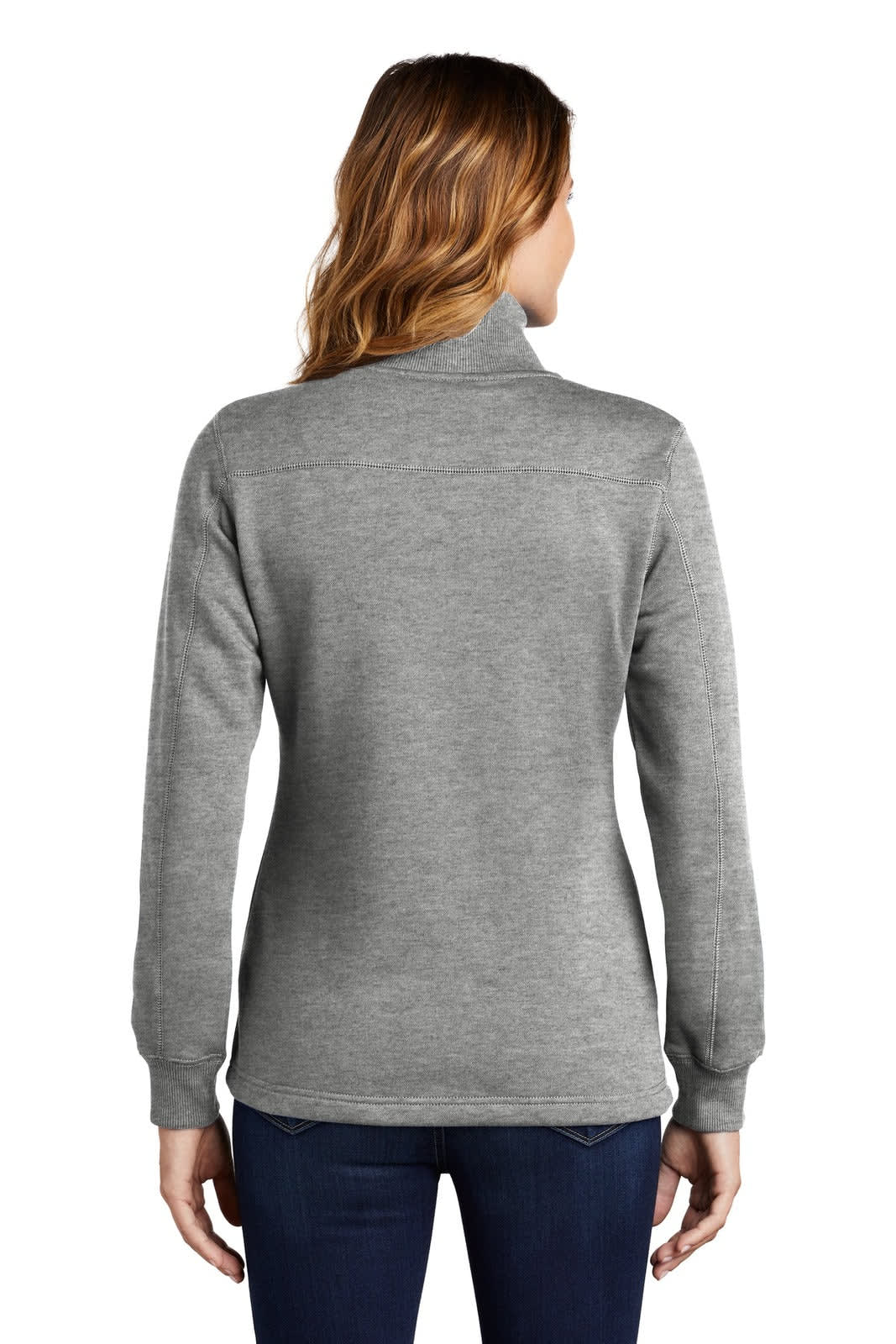 A grey Sport-Tek Ladies 1/4-Zip Sweatshirt featuring long sleeves and a classic fit, displayed from the back.