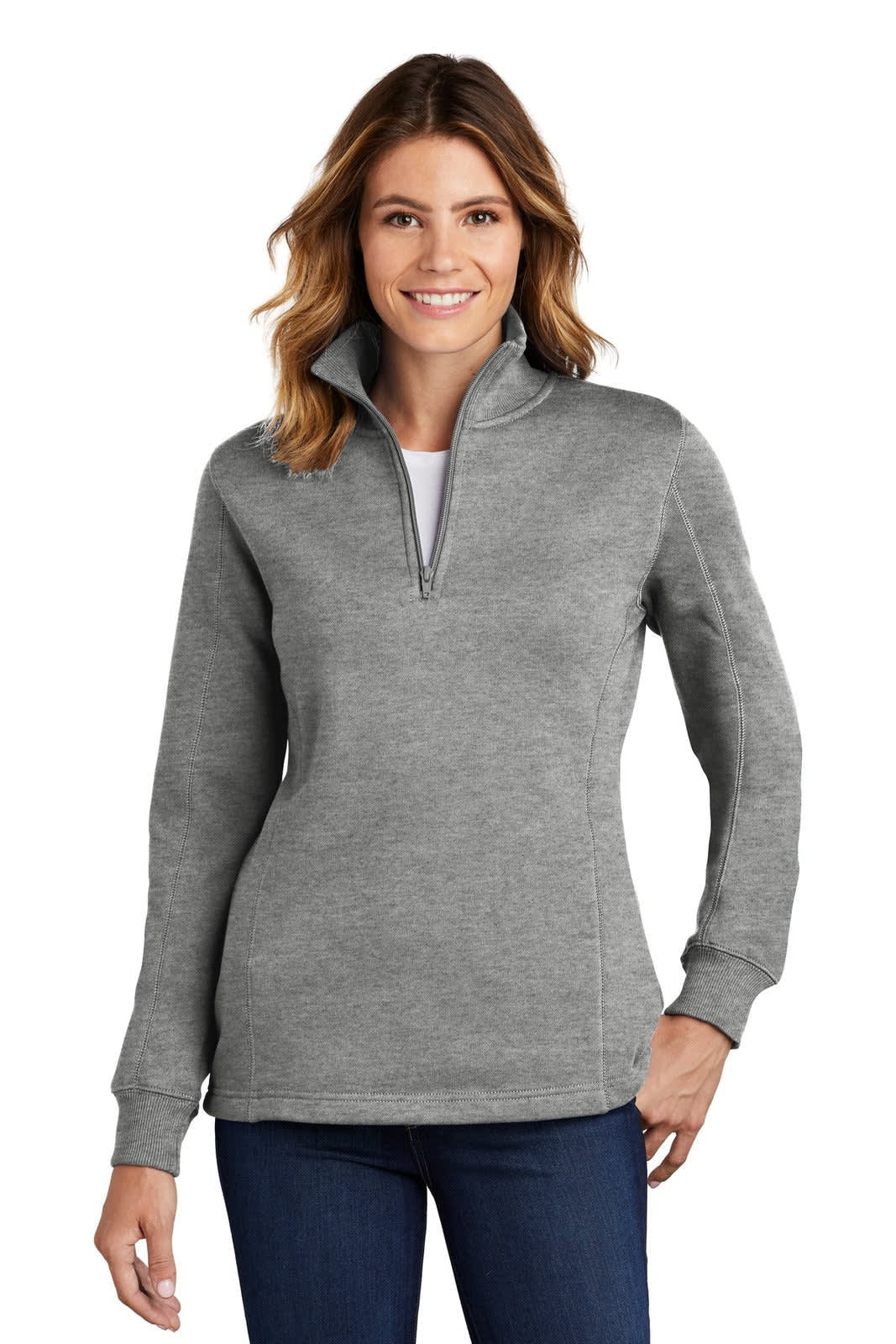 A grey Sport-Tek ladies 1/4-zip sweatshirt, featuring a collar and long sleeves, worn by a model.