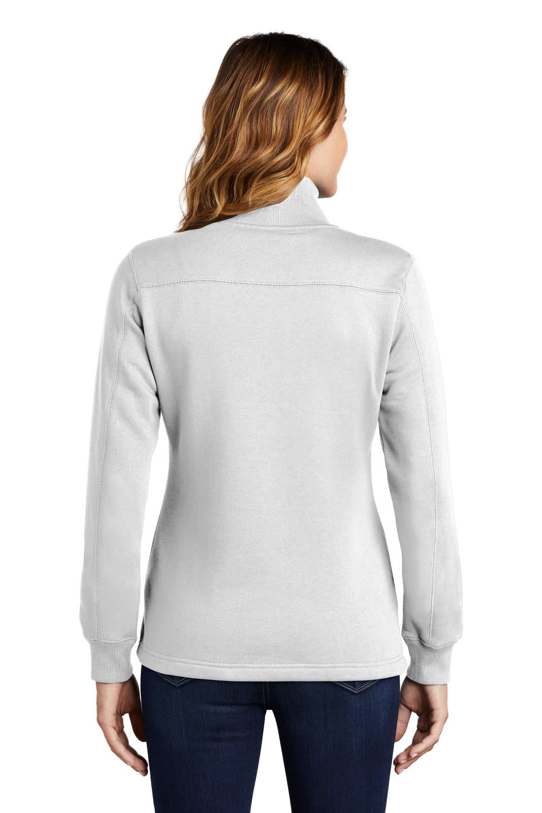 A grey Sport-Tek ladies 1/4-zip sweatshirt featuring long sleeves and a relaxed fit, with a logo on the back.