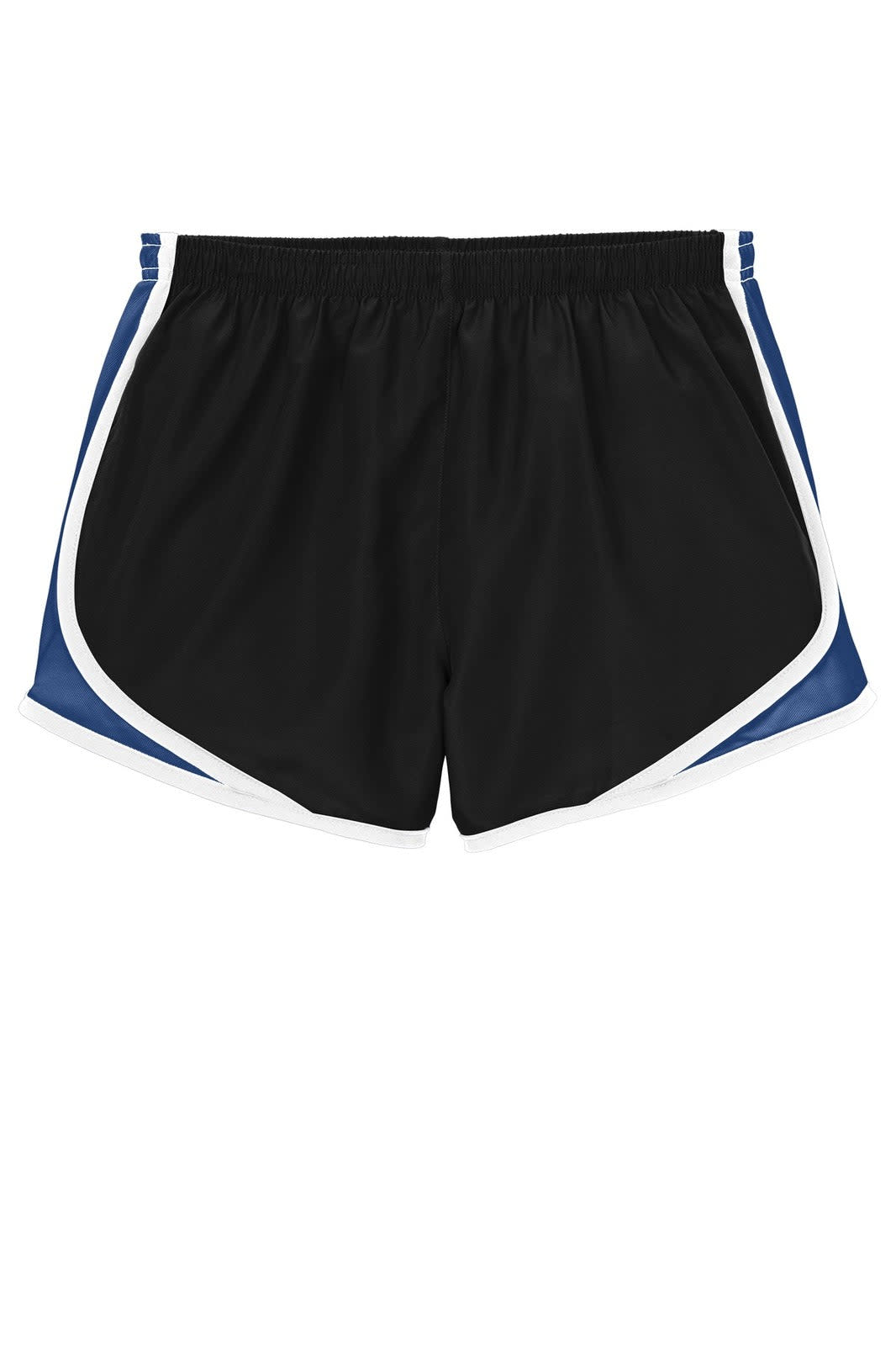 A pair of black sports shorts with blue and white side panels and an elastic waistband. Features a logo.