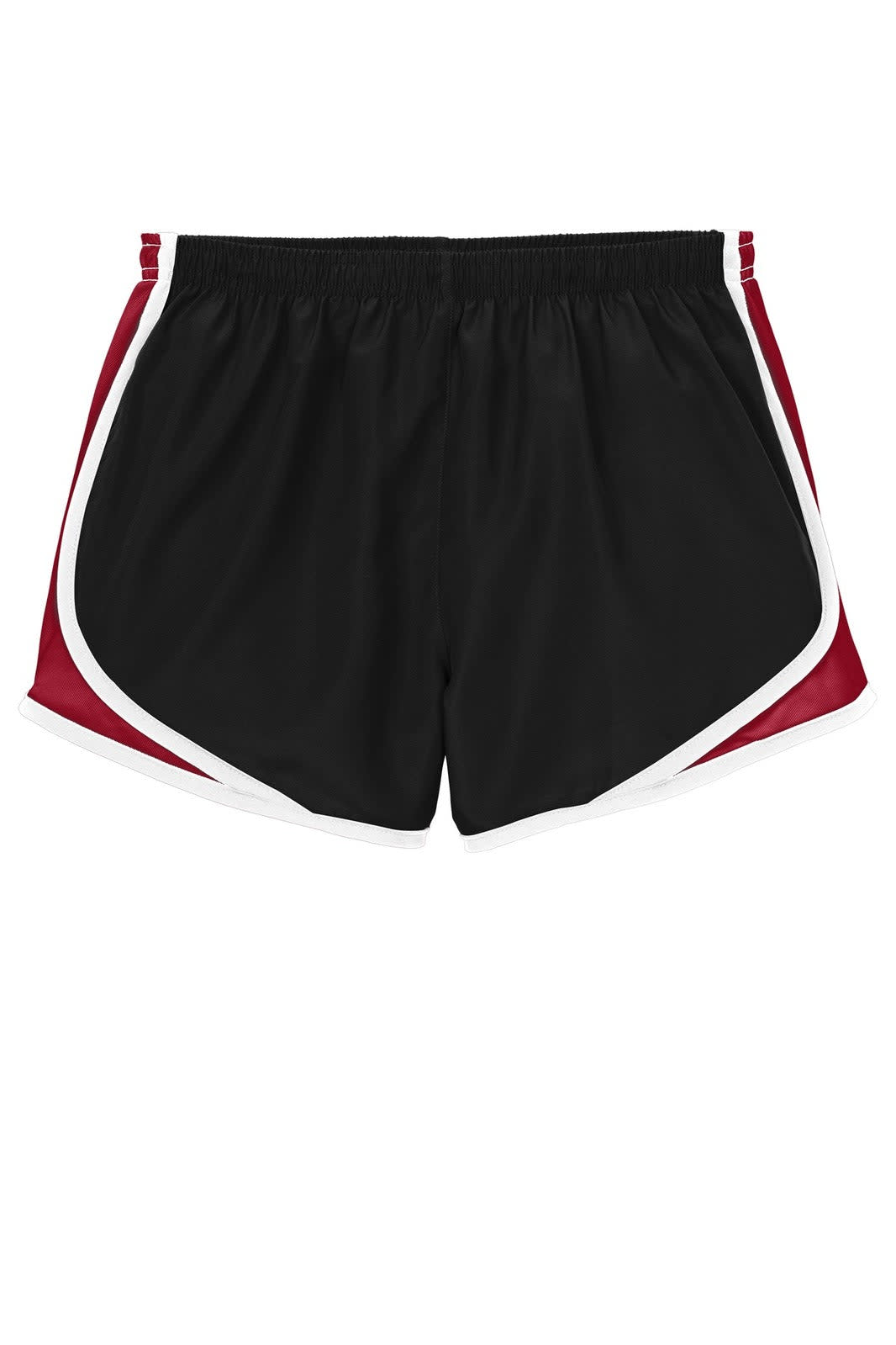 Ladies' sports shorts in black with maroon and white detailing, featuring an elastic waistband and a logo.