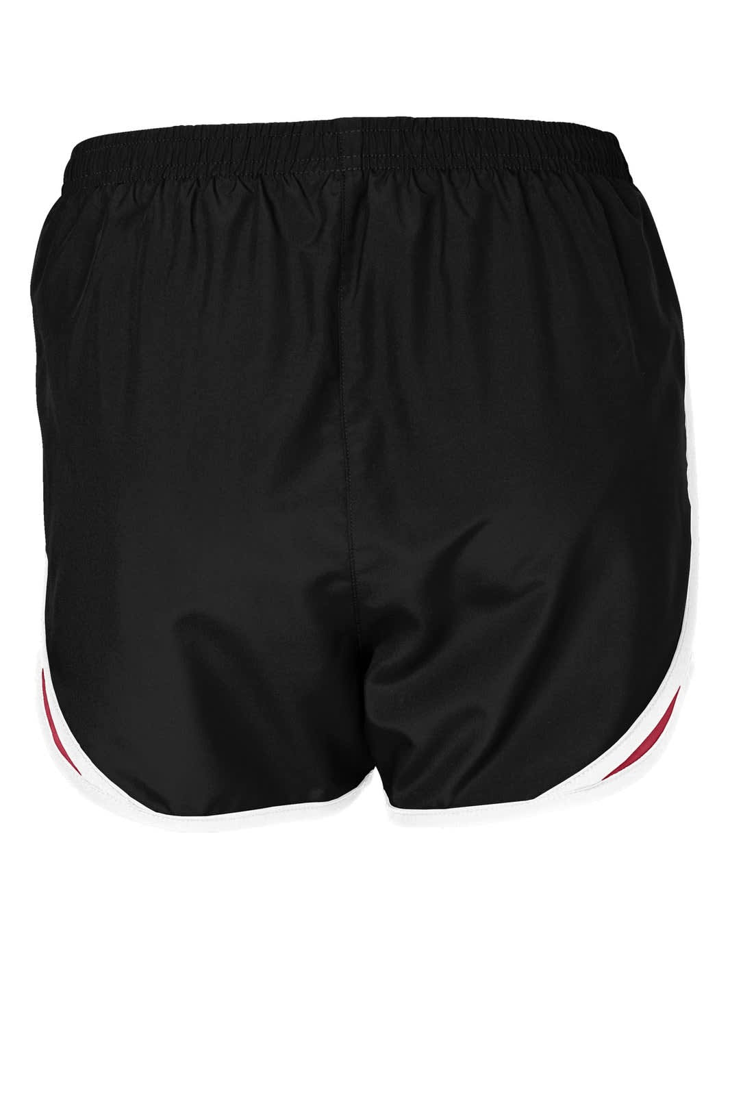 A black sports short with a contrasting red and white side detail and an elastic waistband. Features a logo.