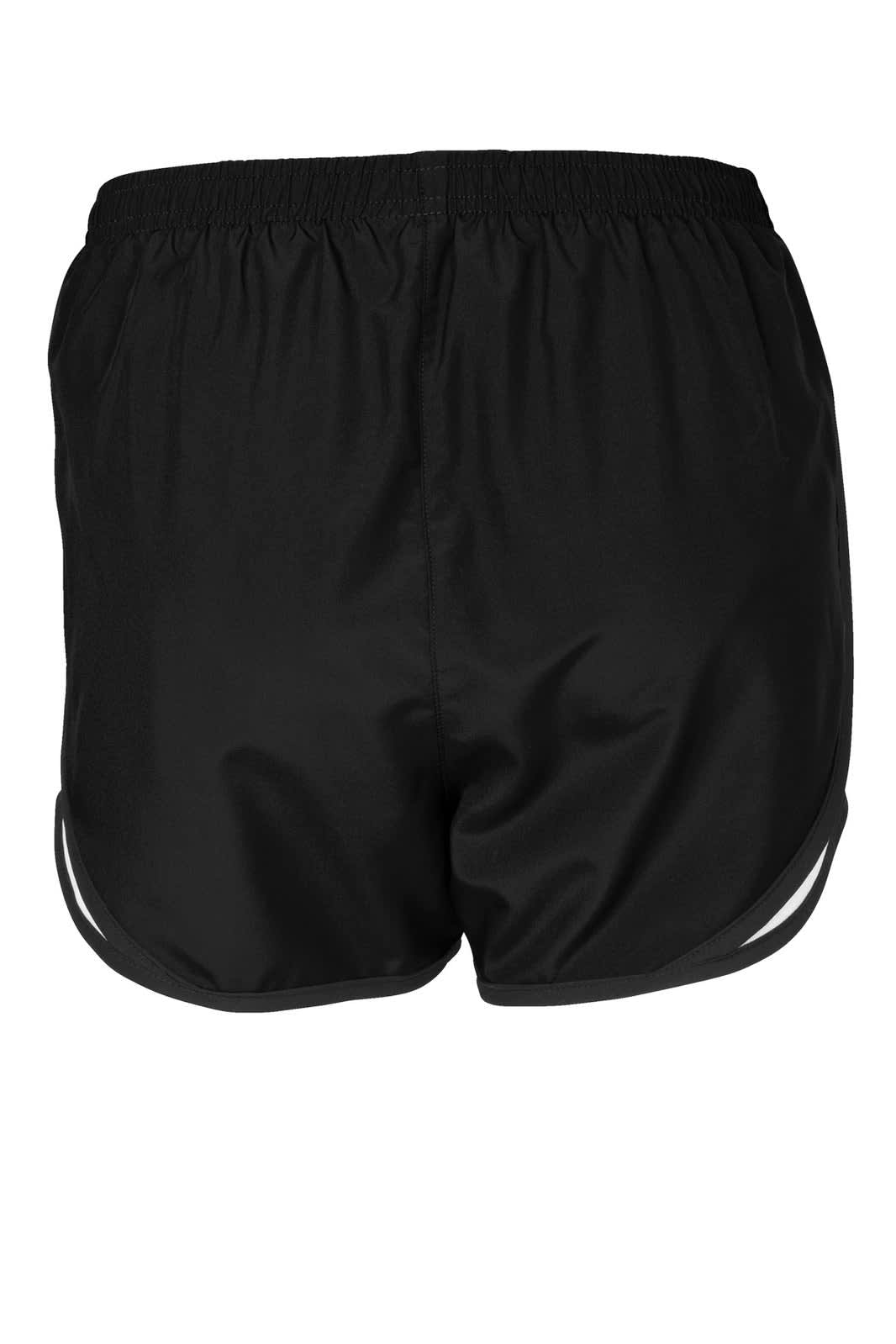 A pair of black women's sports shorts featuring an elastic waistband and side detailing.