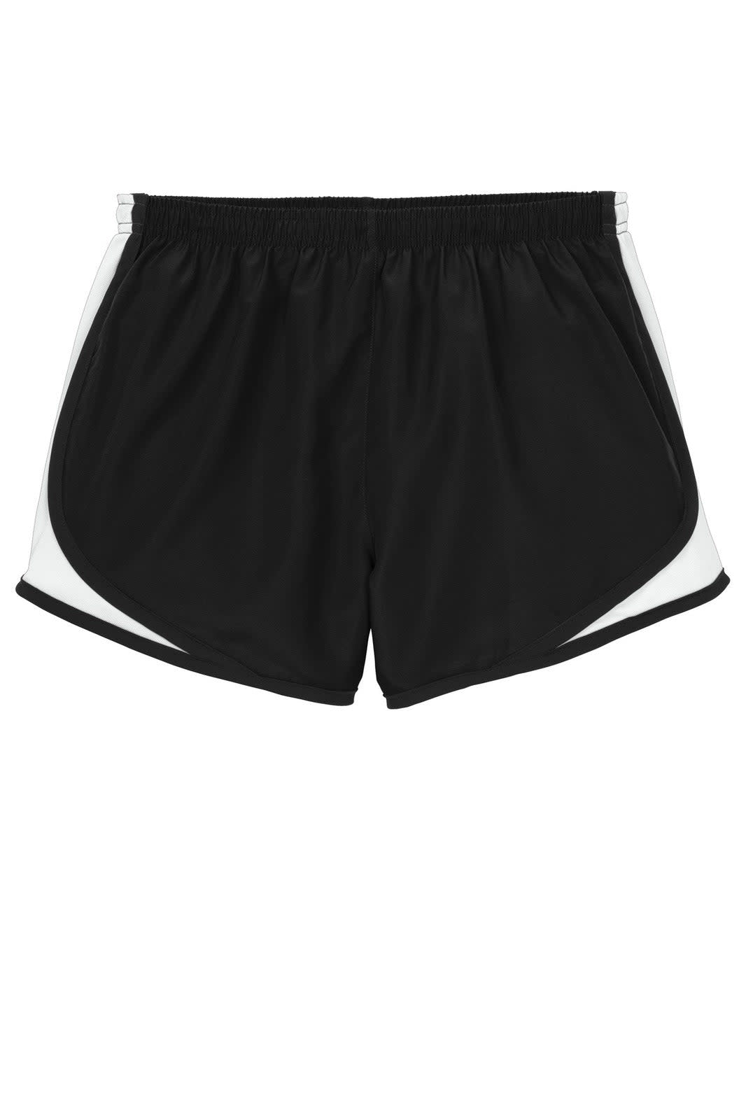 A pair of black sports shorts featuring white side panels and an elastic waistband, with a logo on the front.