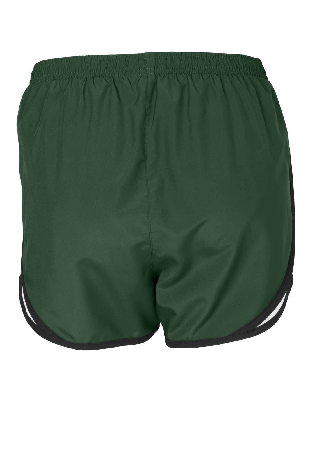 A pair of green sports shorts with a black trim and an elastic waistband. Features a logo on the side.