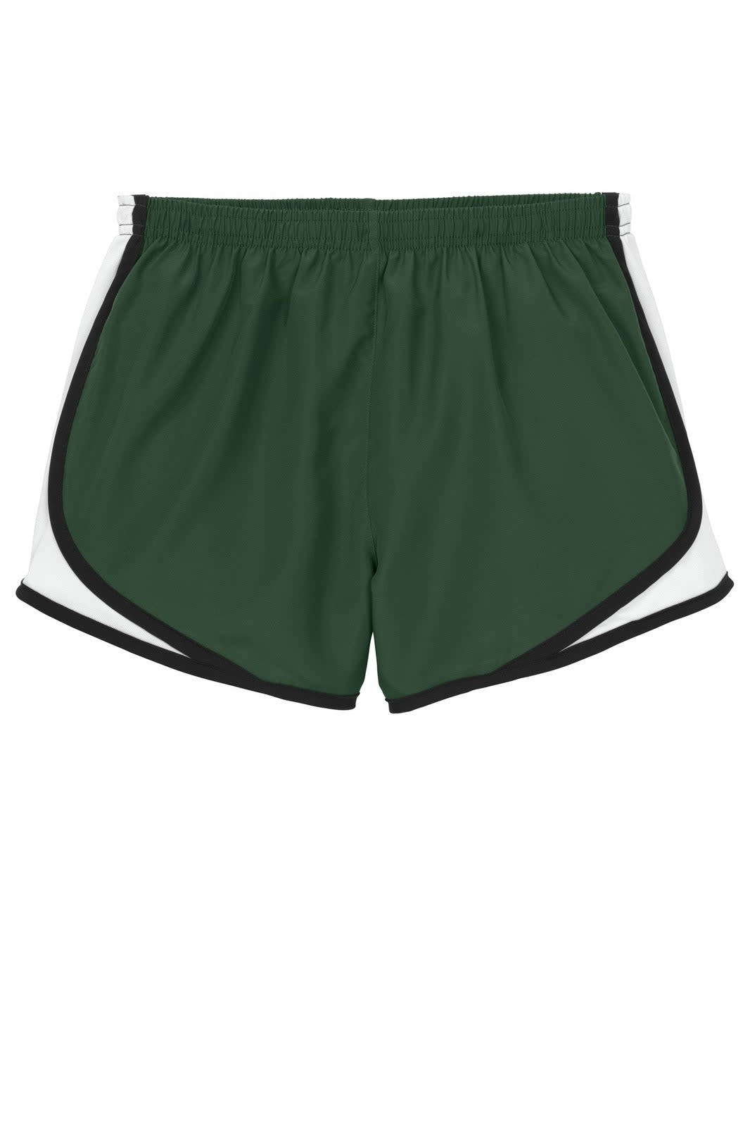 A pair of green sports shorts with white and black detailing, featuring an elastic waistband and a logo.