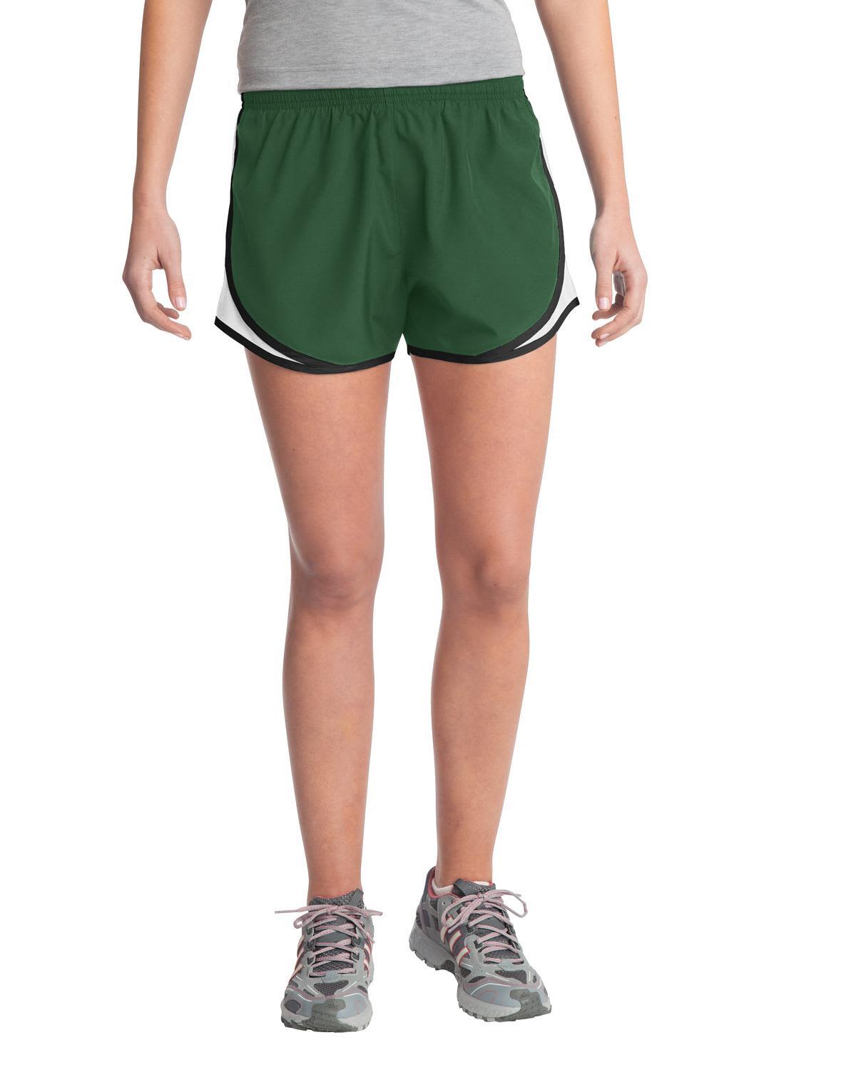 A pair of green women's sports shorts with black detailing and a logo. Suitable for athletic activities.