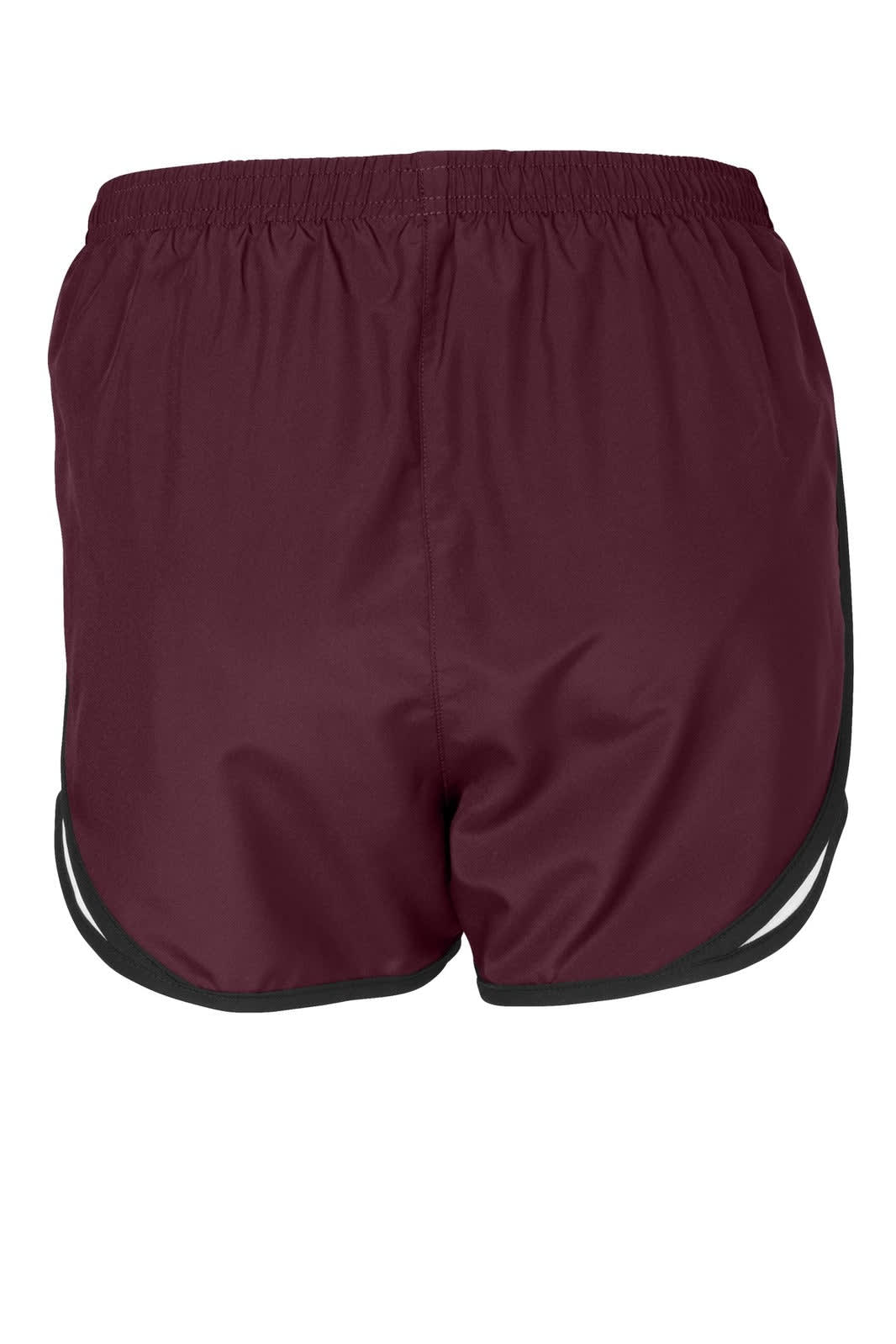 A burgundy sports short featuring a breathable design with black trim and an elastic waistband.
