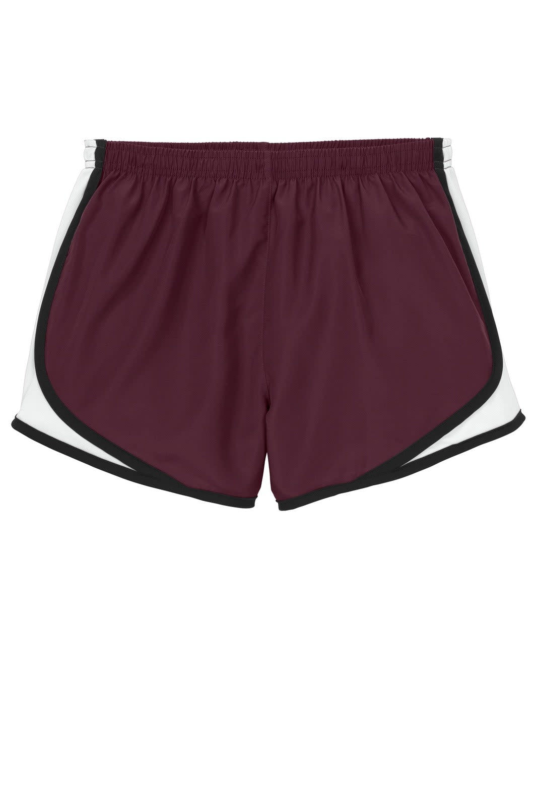Maroon sports shorts with white and black detailing, featuring an elastic waistband and a logo.
