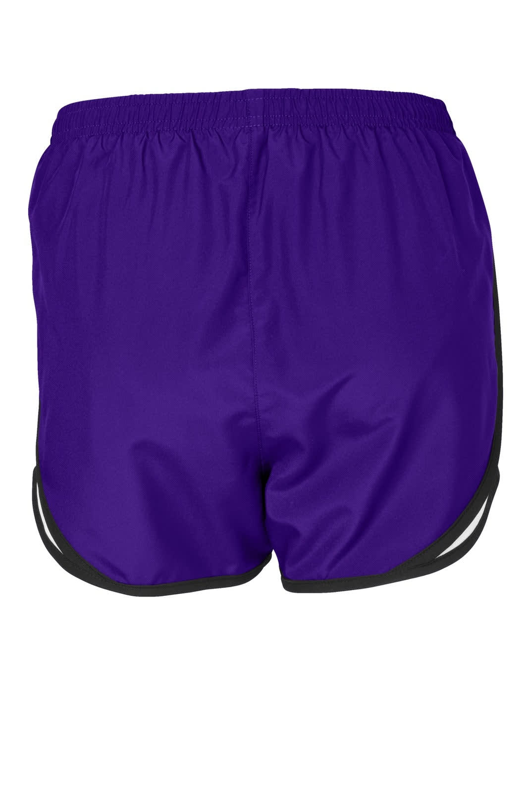 A pair of purple shorts with black trim, featuring an elastic waistband and no visible pockets.